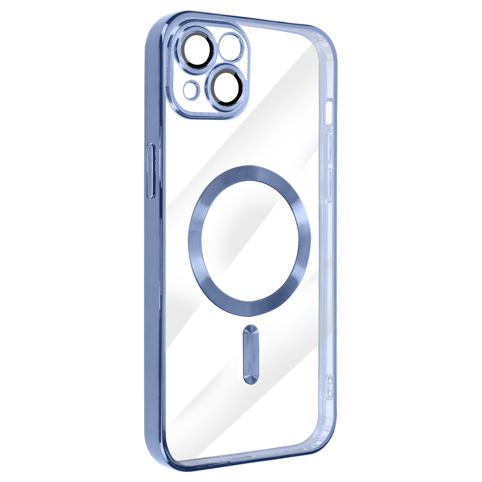 Coque de téléphone transparente avec bord bleu. Elle a des découpes pour la caméra et la charge.