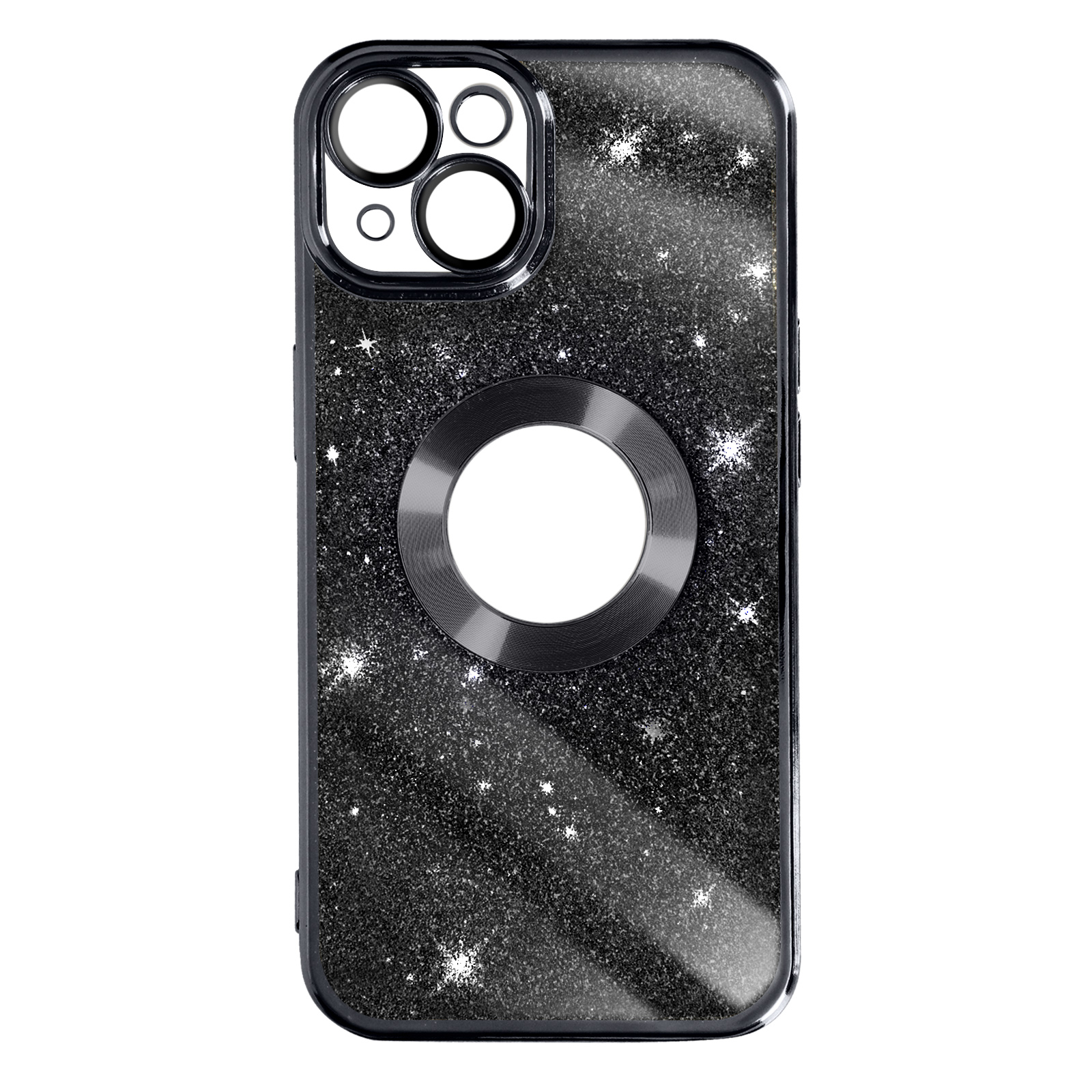 Custodia nera glitterata per telefono. La custodia ha una texture glitterata e un anello per la fotocamera. Nero e lucente.