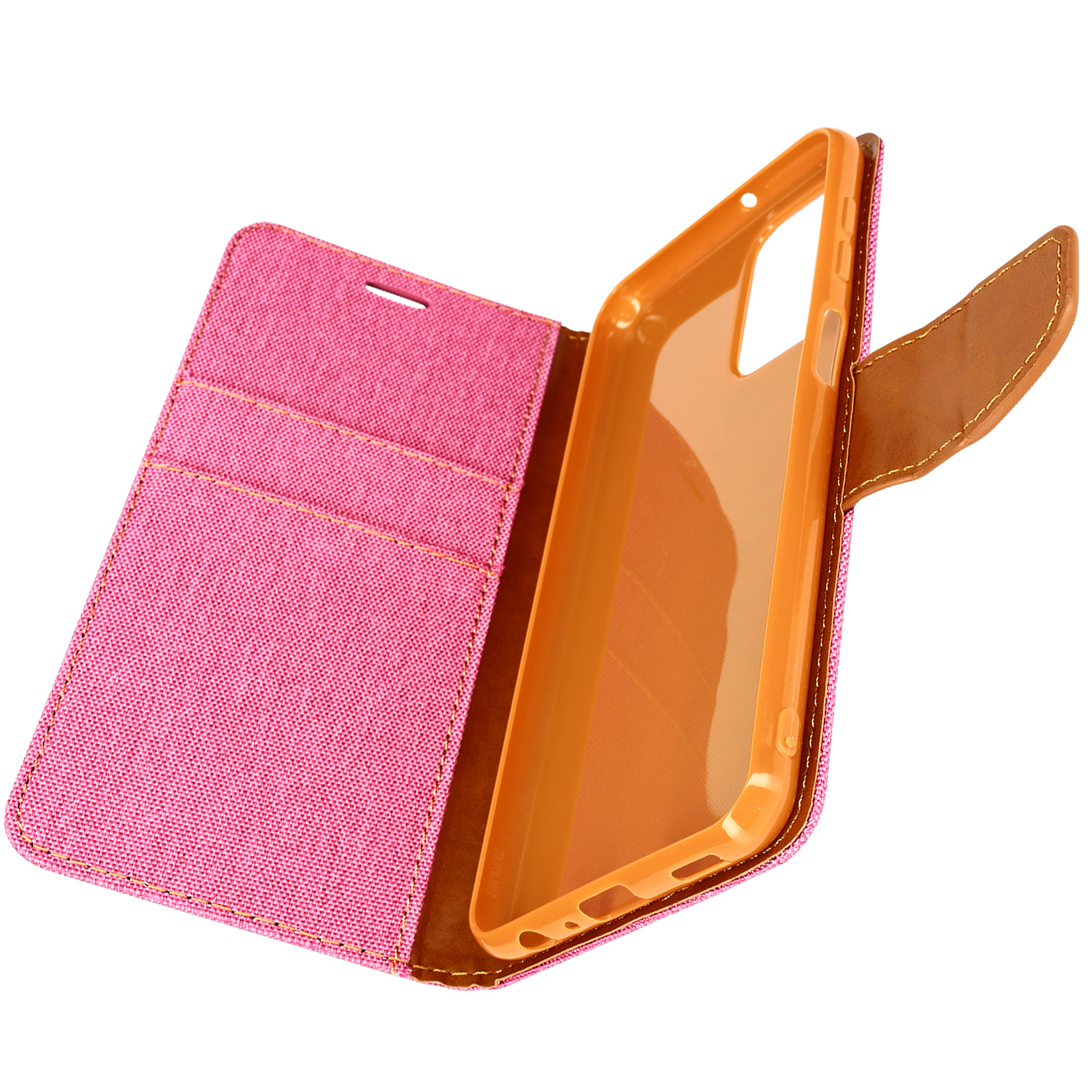 Geöffnete pinke Handyhülle, das Telefon zeigend. Braune Klappe mit Magnetverschluss.