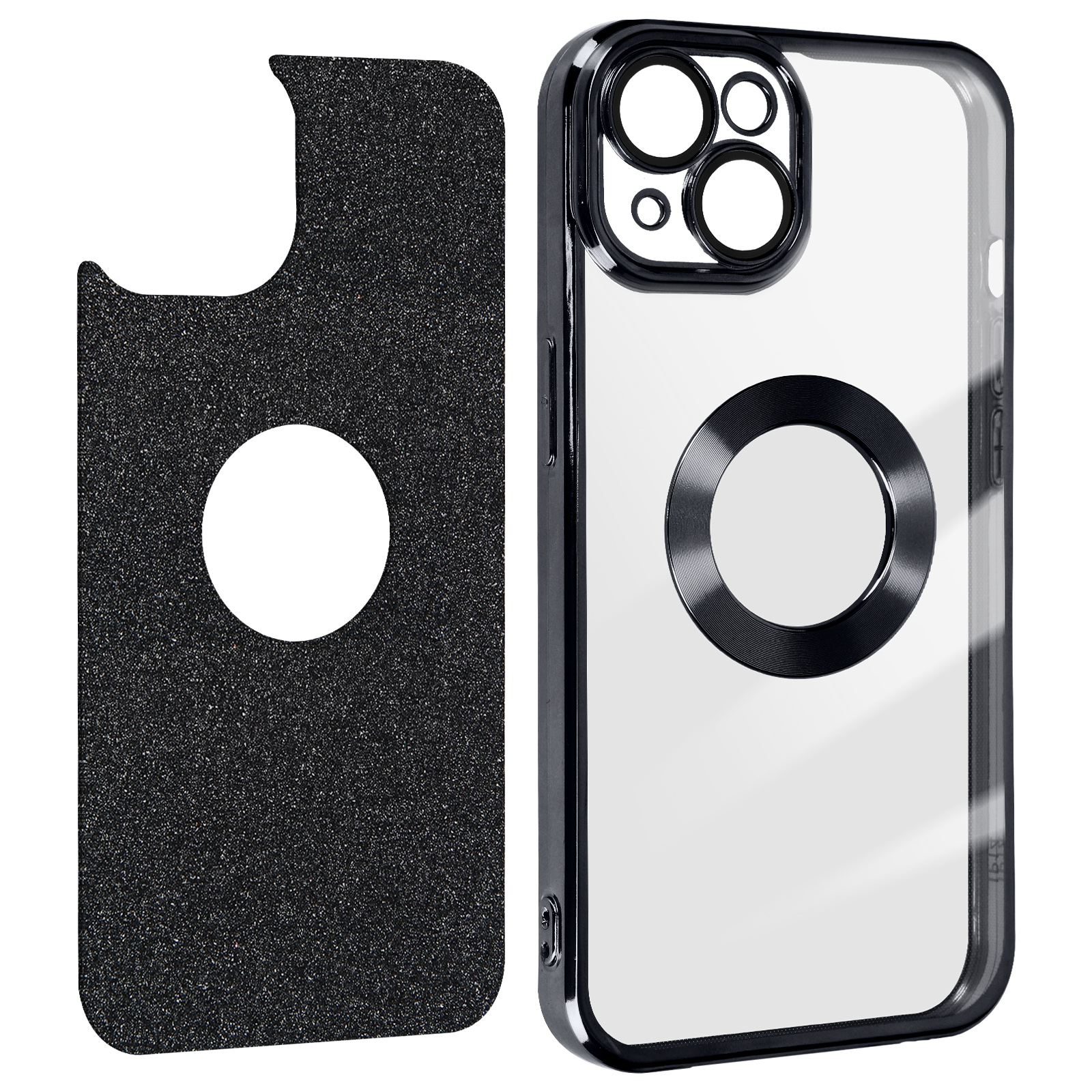 Una custodia per telefono con cornice nera e retro trasparente con cerchio nero e pezzo di schiuma nera.