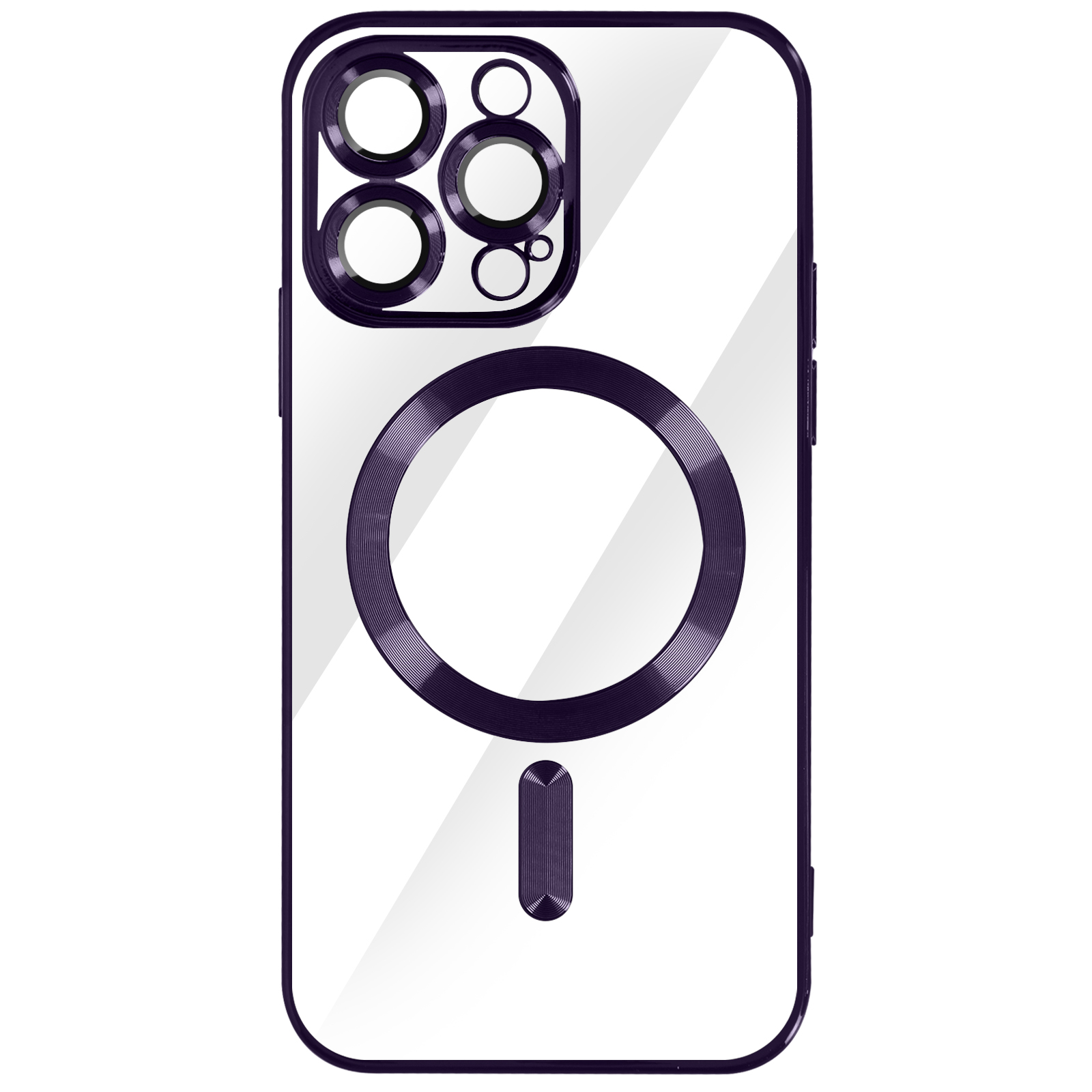 Custodia per telefono viola e trasparente con fori per la fotocamera e anello magnetico. Finitura lucida.