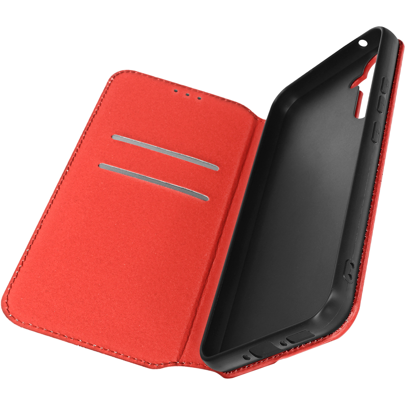 Una custodia rossa per telefono con un design a portafoglio. È aperta, rivelando un interno nero.