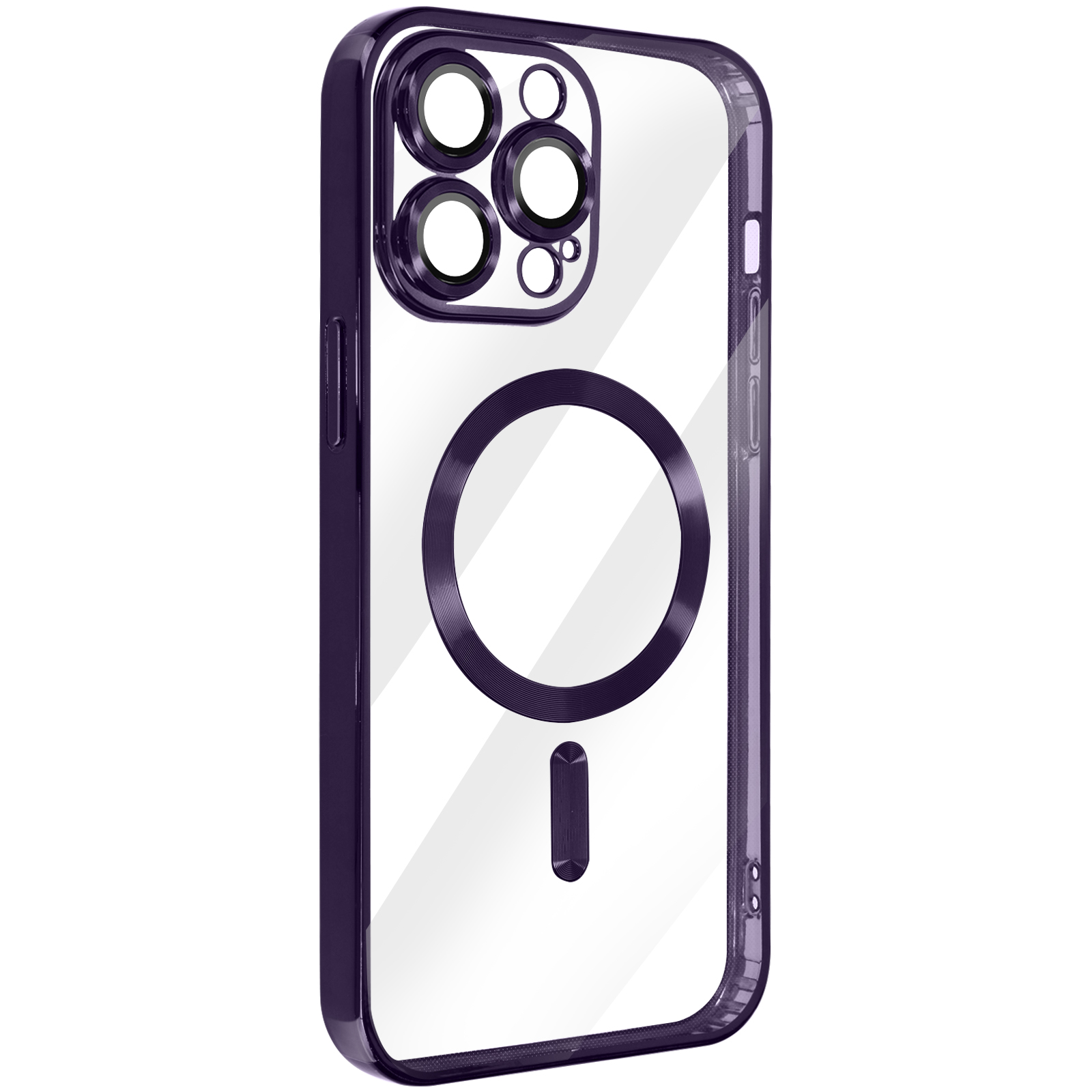 Una custodia per telefono viola con retro trasparente, ritagli per la fotocamera e un anello magnetico.
