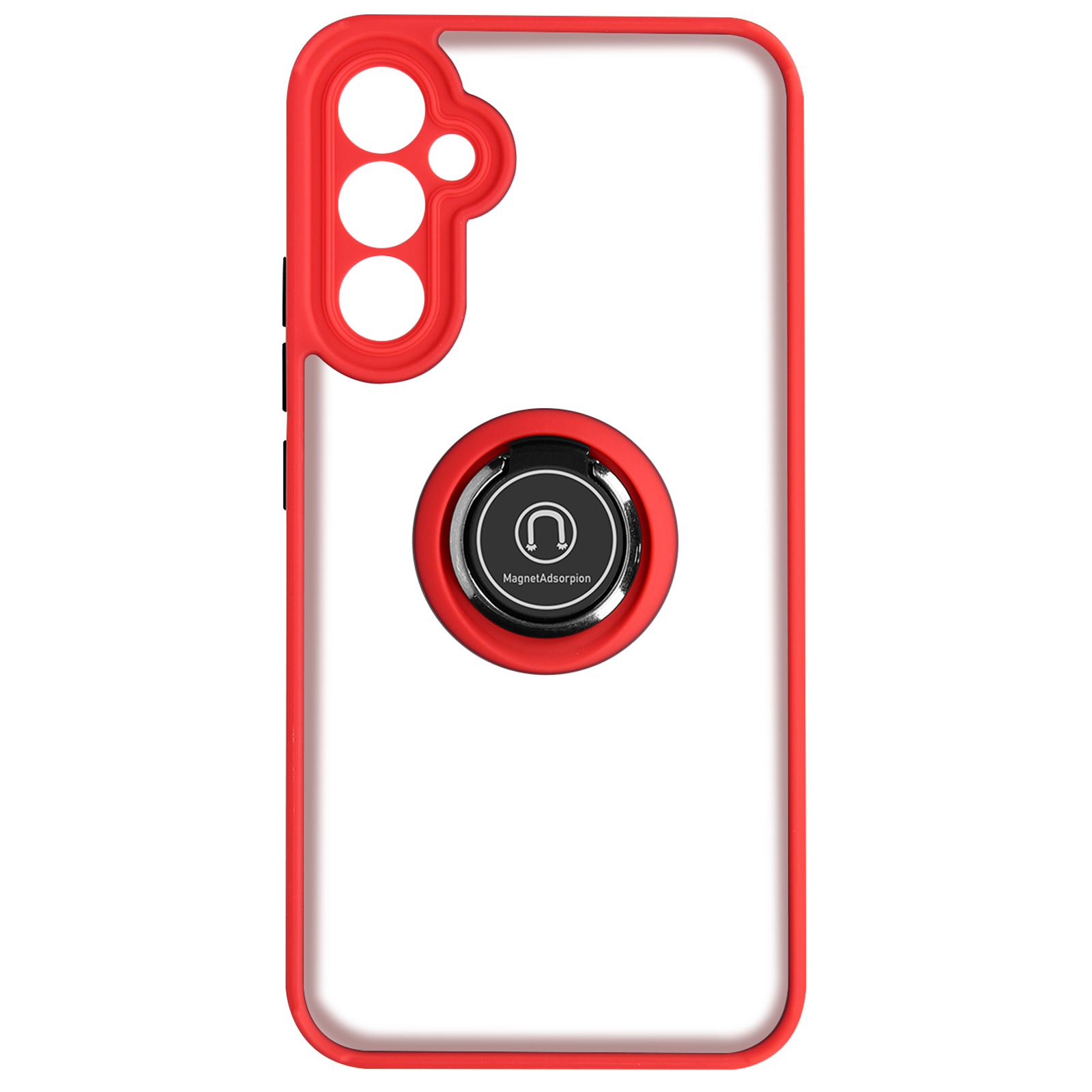 Custodia per telefono rossa con anello di supporto. La custodia è trasparente con cornice rossa.