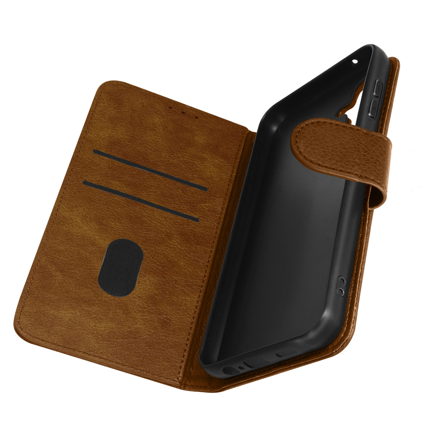 Braune Leder-Handyhülle, geöffnet, um das Telefon zu zeigen. Zwei Kartenfächer sind innen.