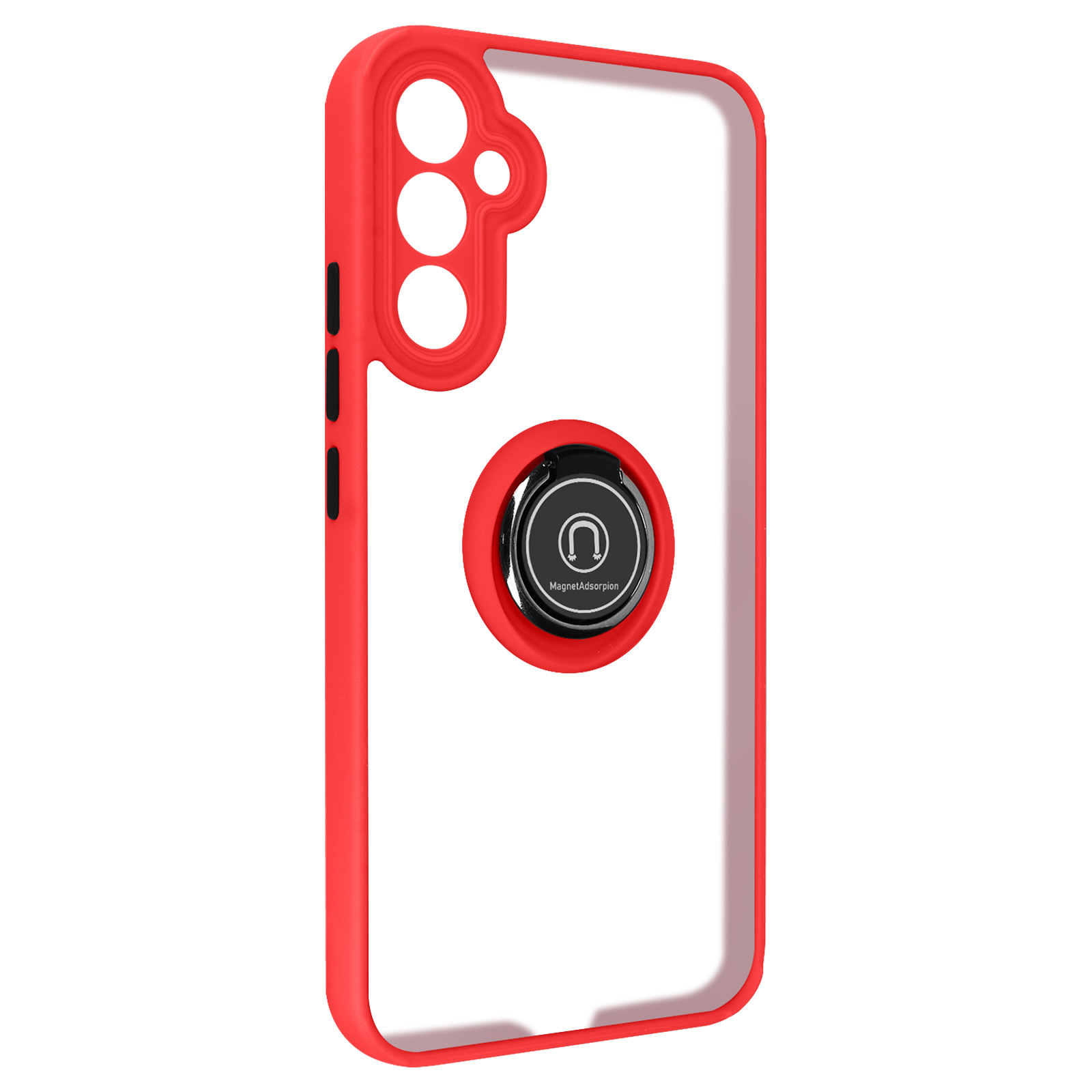 Custodia rossa per telefono con anello di supporto. La custodia è trasparente al centro.