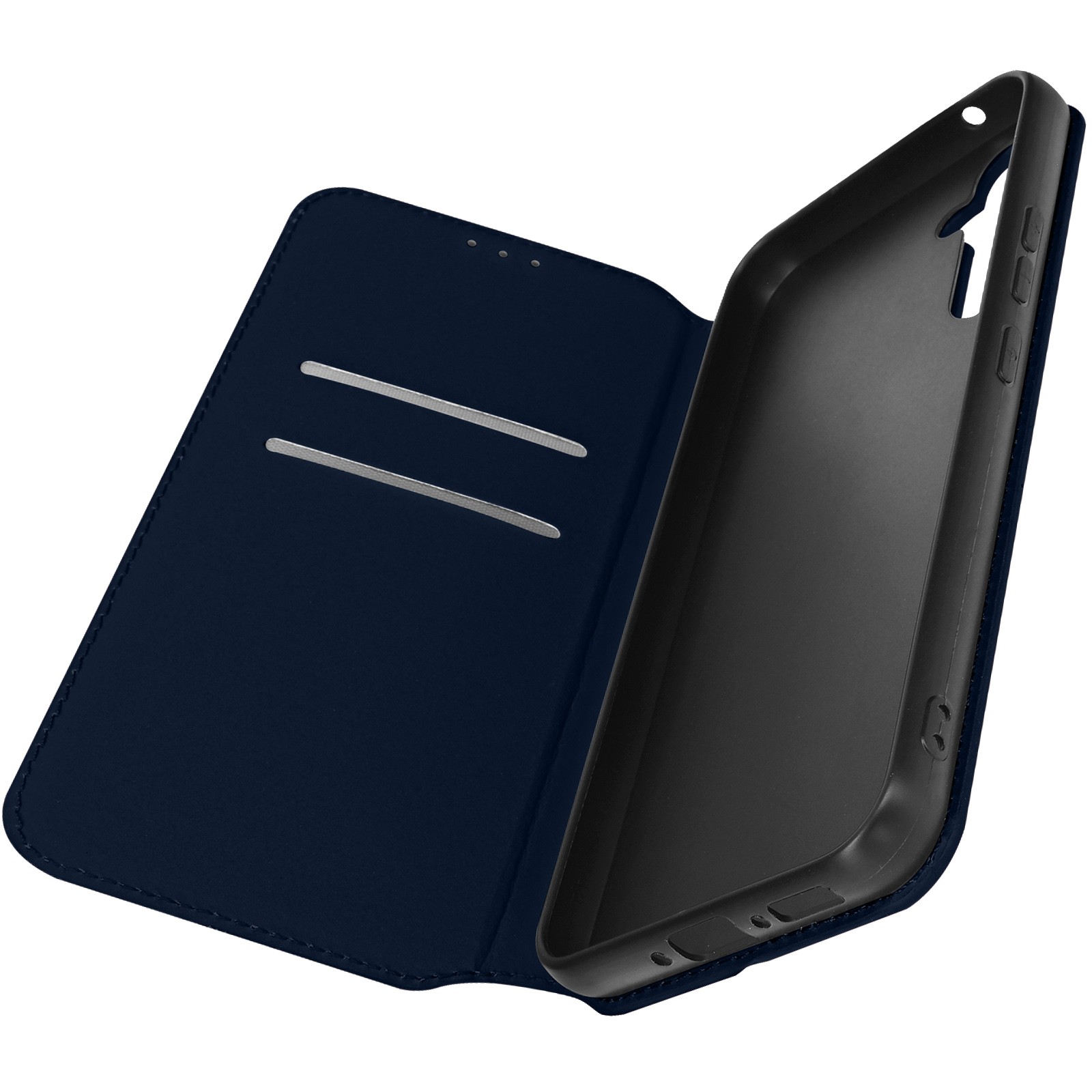 Una custodia blu navy è aperta. Sono visibili due slot per carte. L'interno è nero.