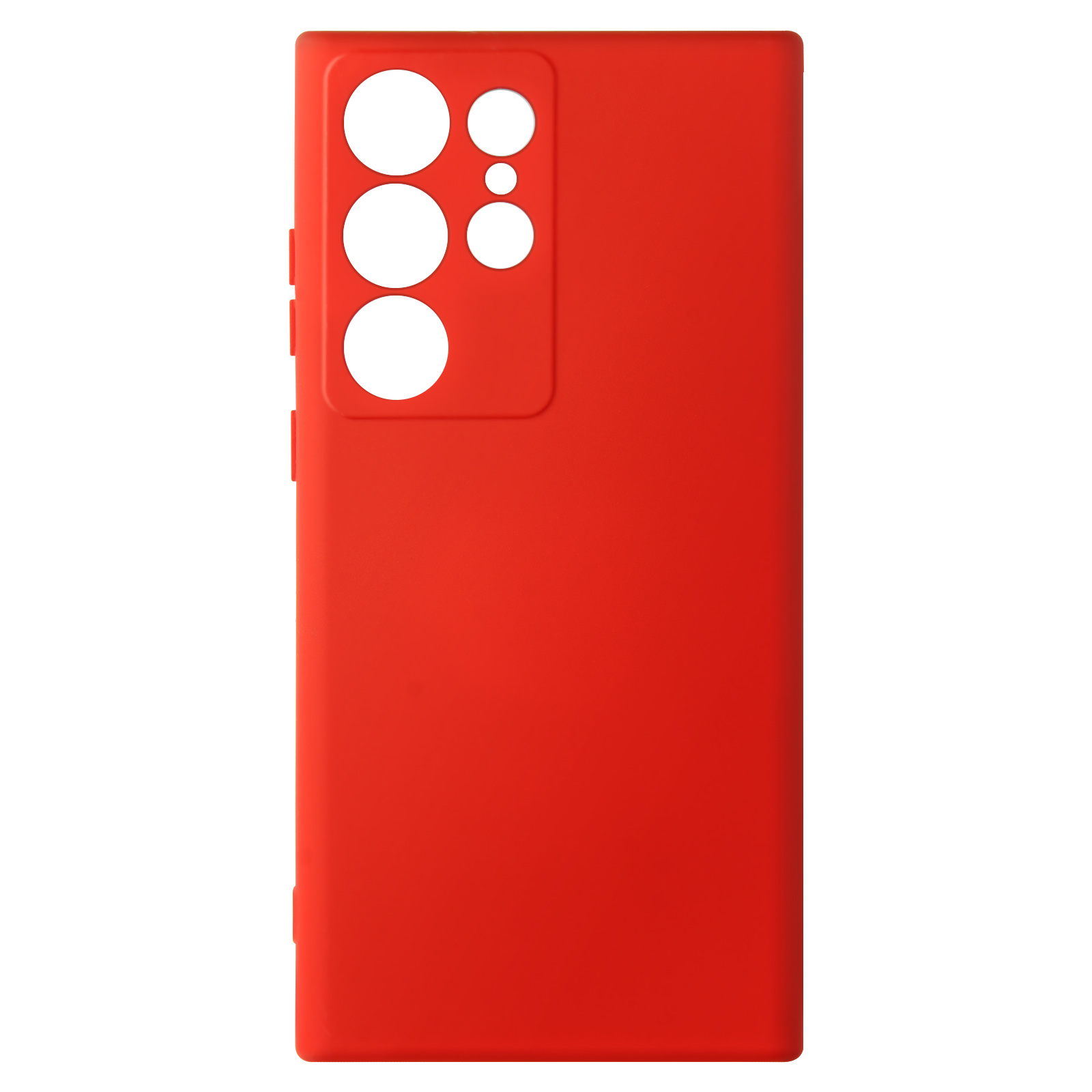 Una custodia per telefono rossa con fori per la fotocamera. La custodia è di colore rosso pieno e di forma rettangolare.
