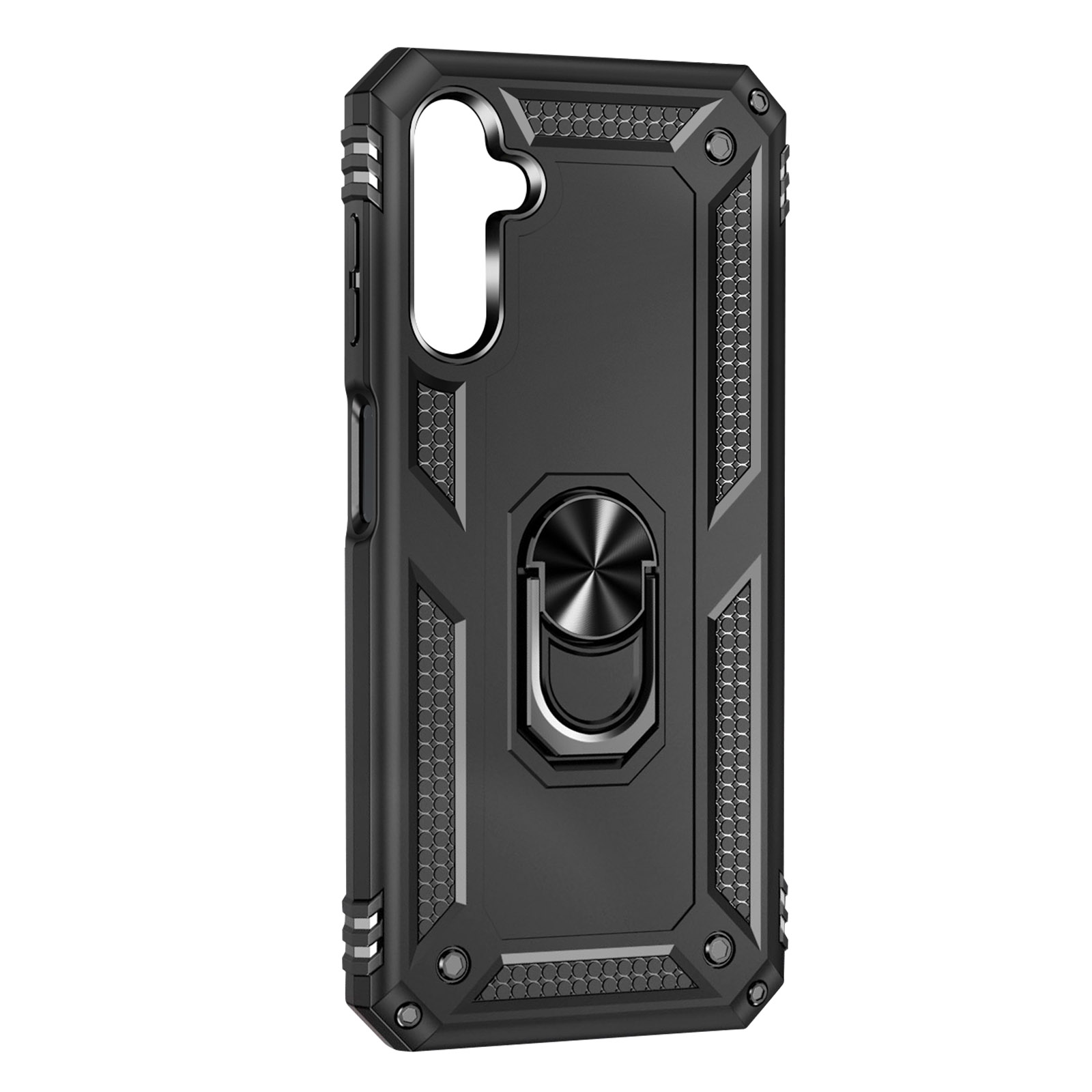 Eine schwarze Handyhülle mit einem Ringhalter. Der Hintergrund ist weiß.