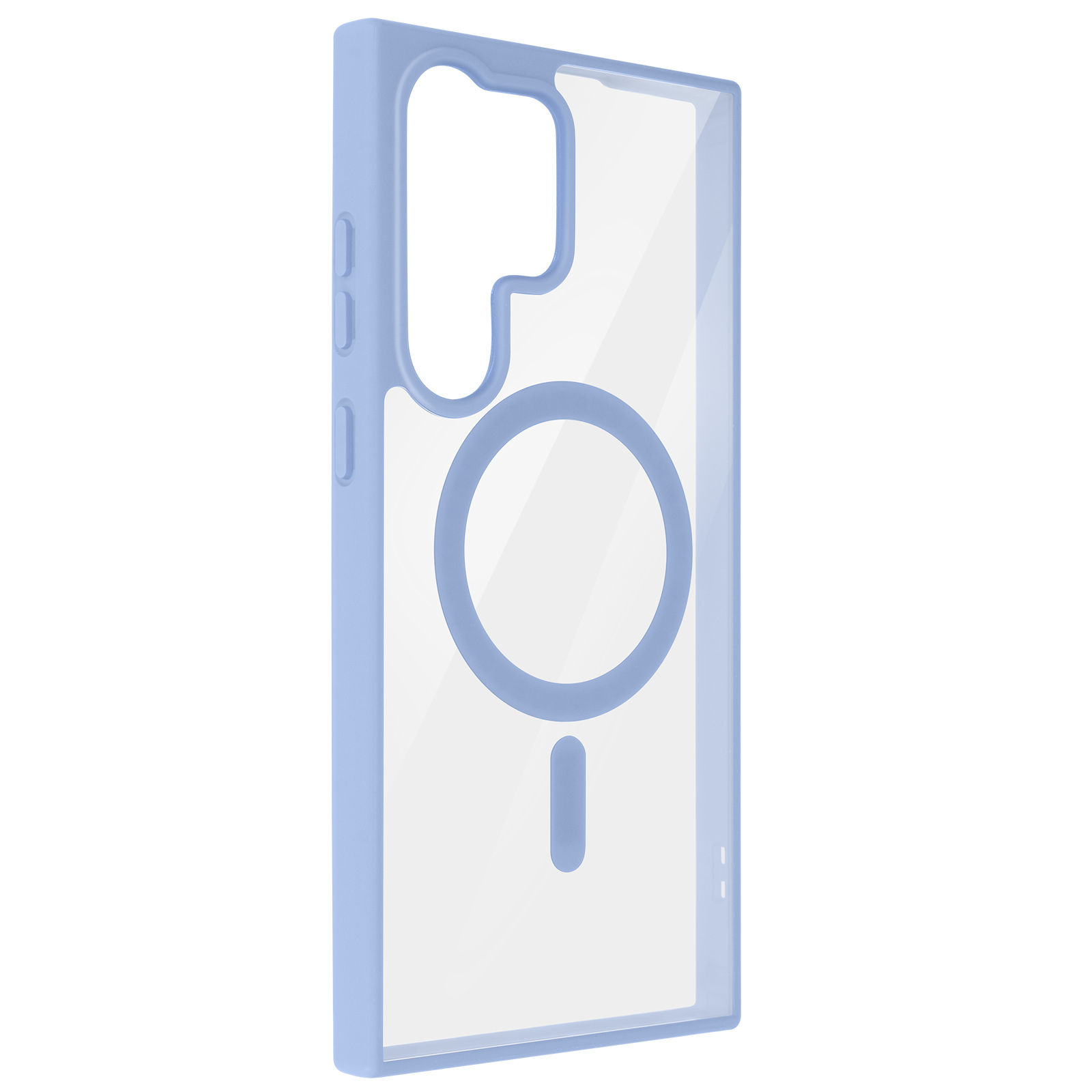 Custodia per telefono azzurra con cerchio e segno meno, retro trasparente.
