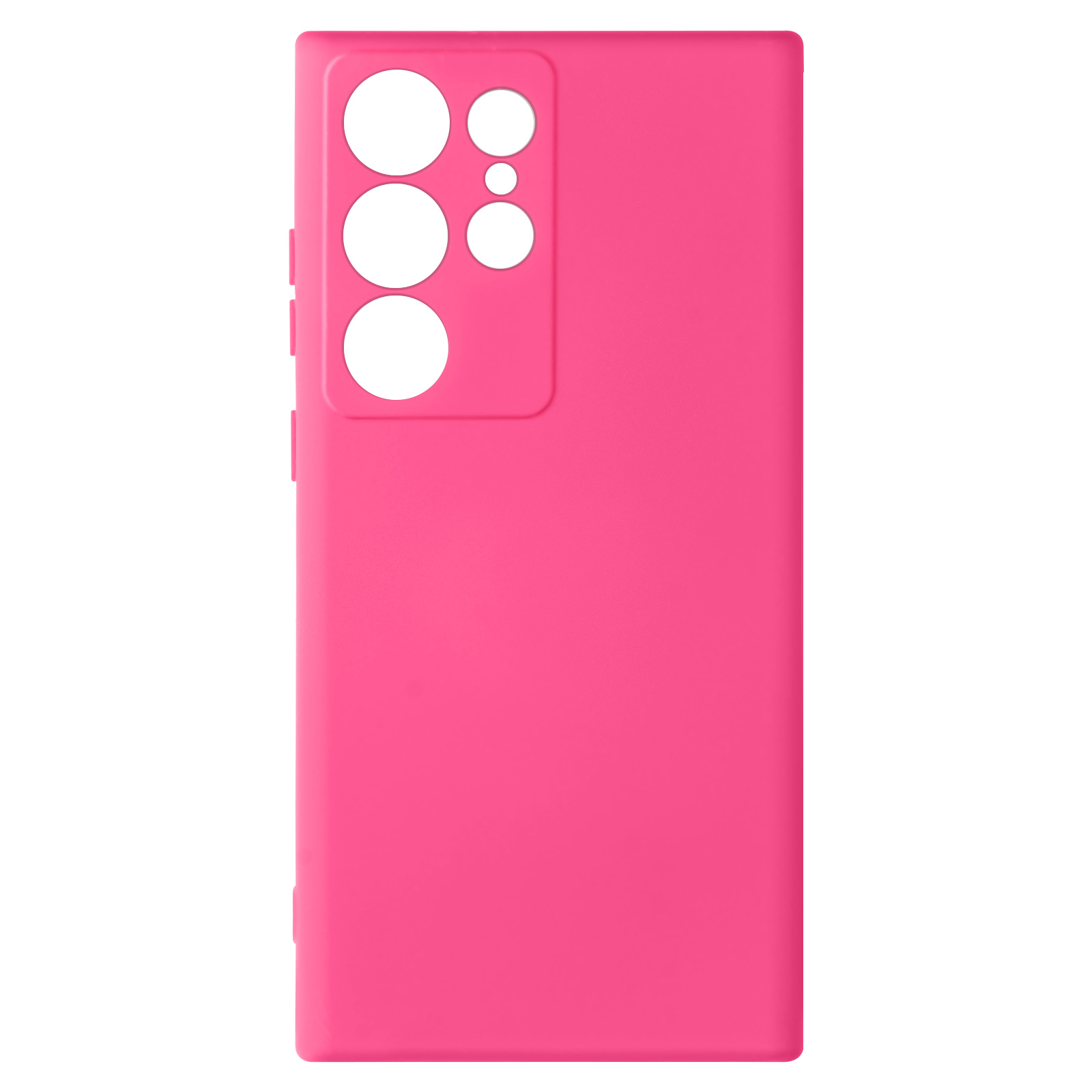 Custodia per telefono rosa brillante, con fori per fotocamera e pulsanti. Colore semplice e uniforme.
