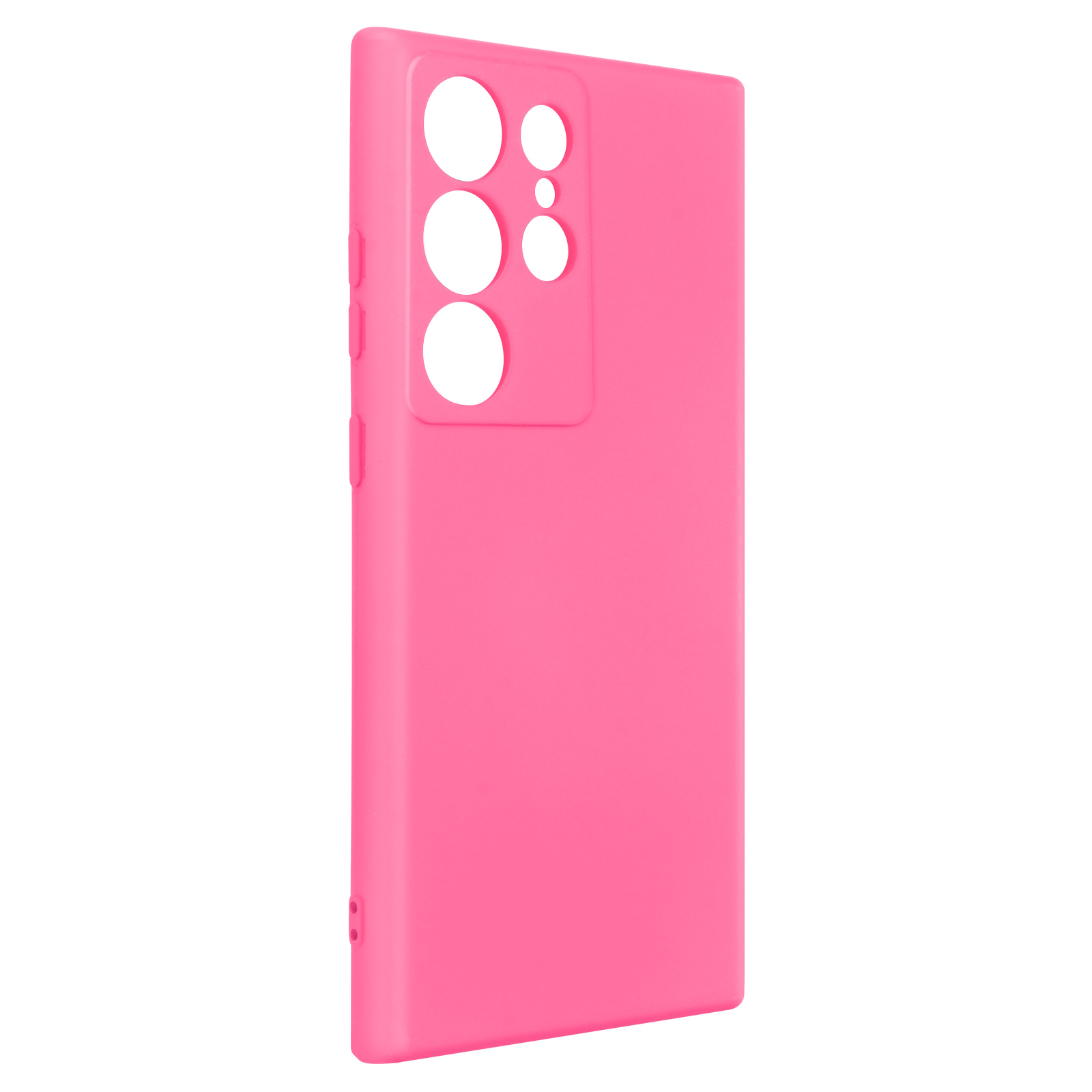 Custodia rosa per telefono con fori per fotocamera, vista angolata, su bianco.