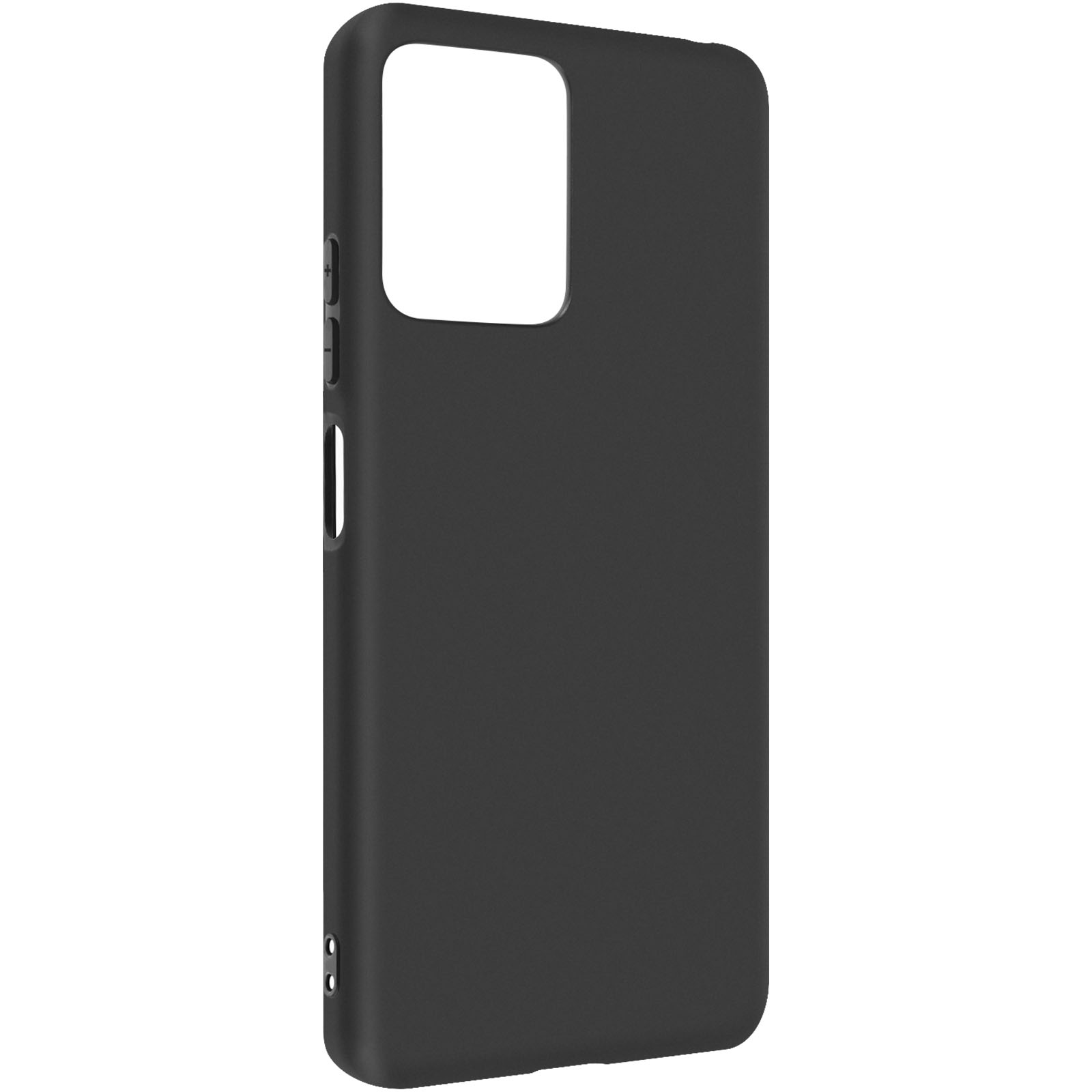 Una custodia per telefono nera con un ritaglio quadrato per la fotocamera.
