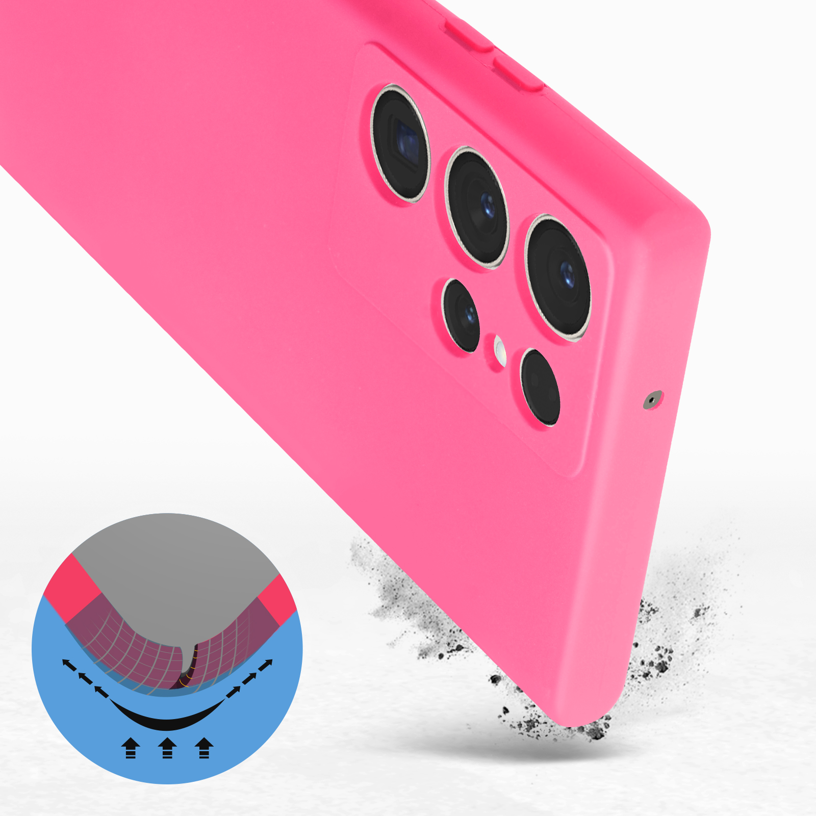 Custodia per telefono rosa con un diagramma che mostra la resistenza agli urti.
