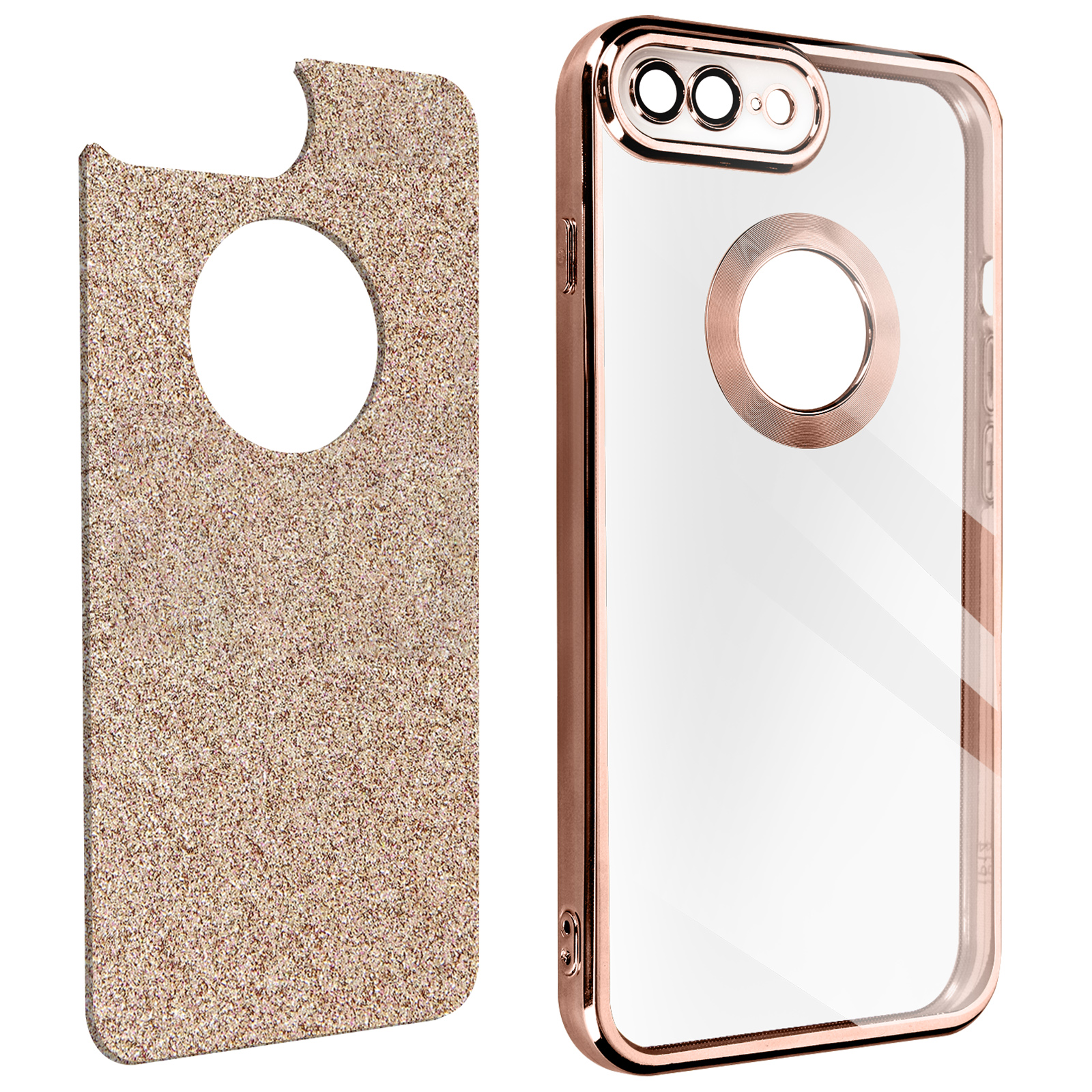 Una custodia per telefono e il suo inserto. L'inserto è di colore beige con un ritaglio circolare.