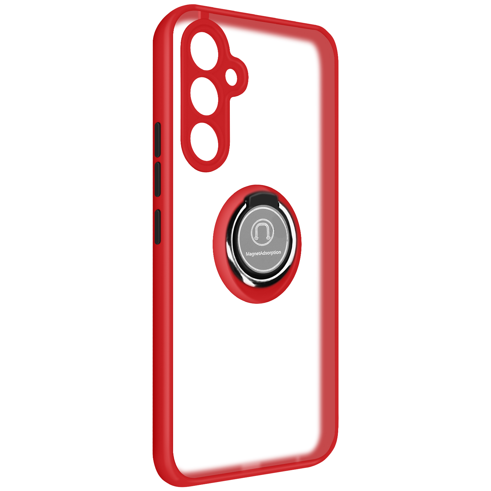 Custodia per telefono rossa con retro trasparente e supporto ad anello argentato.