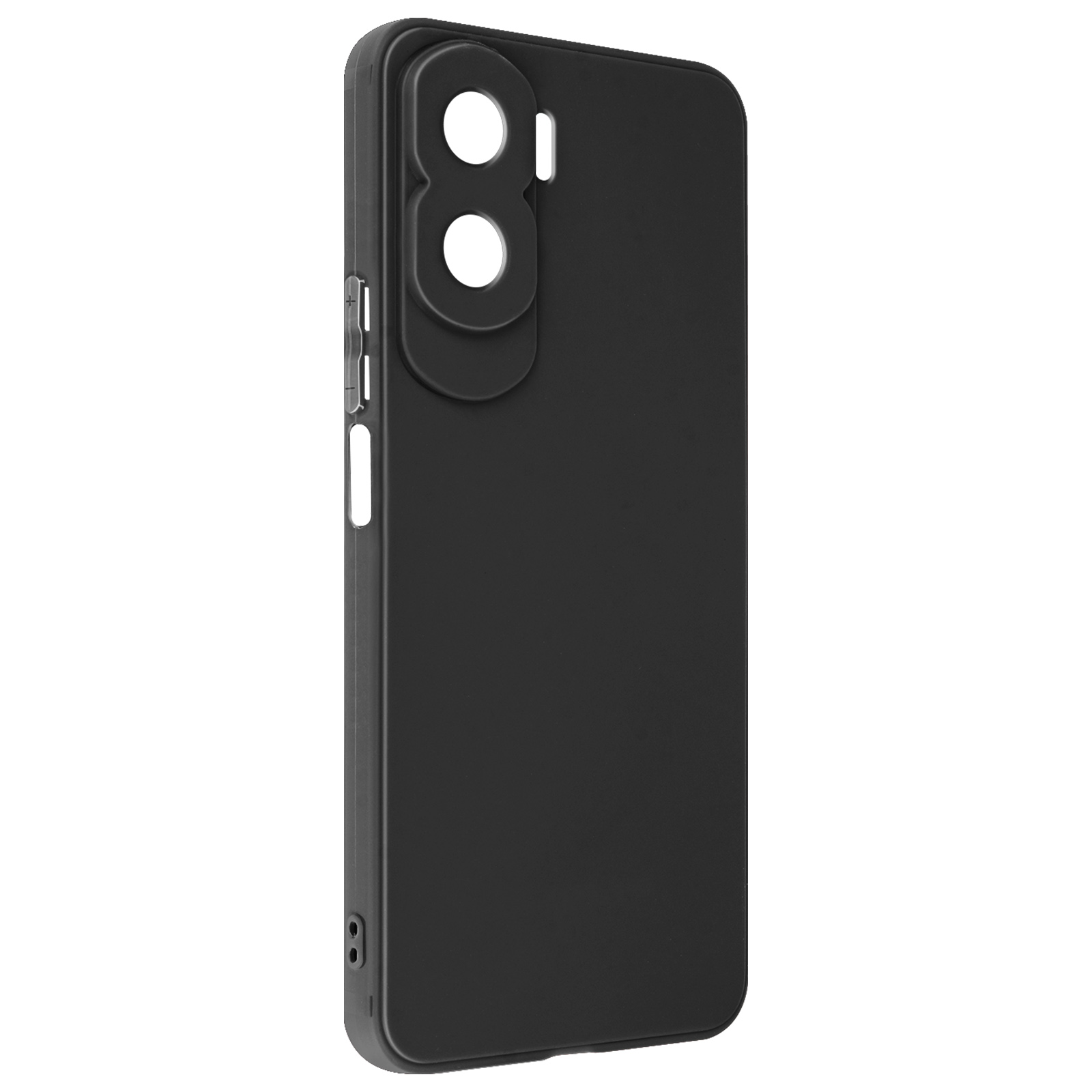 Una custodia per telefono nera, che mostra il retro con ritagli per la fotocamera. È semplice e pulita.
