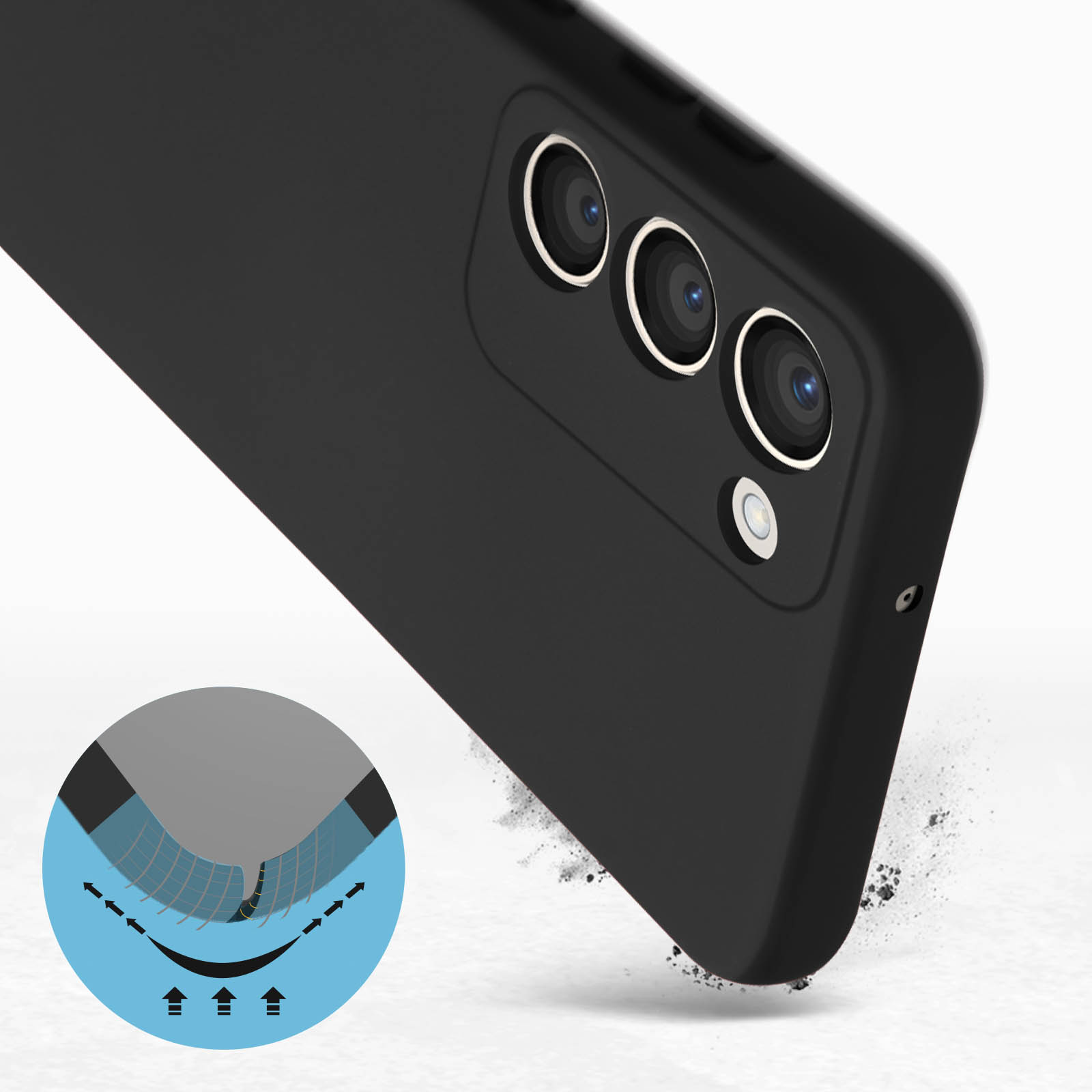 Una custodia per telefono nera con un rialzo per la fotocamera e un grafico che mostra l'assorbimento degli urti.