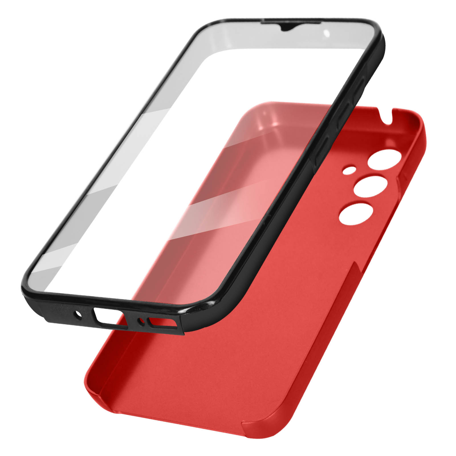 Un proteggi schermo trasparente e una custodia rossa per telefono sono separati ed esposti.
