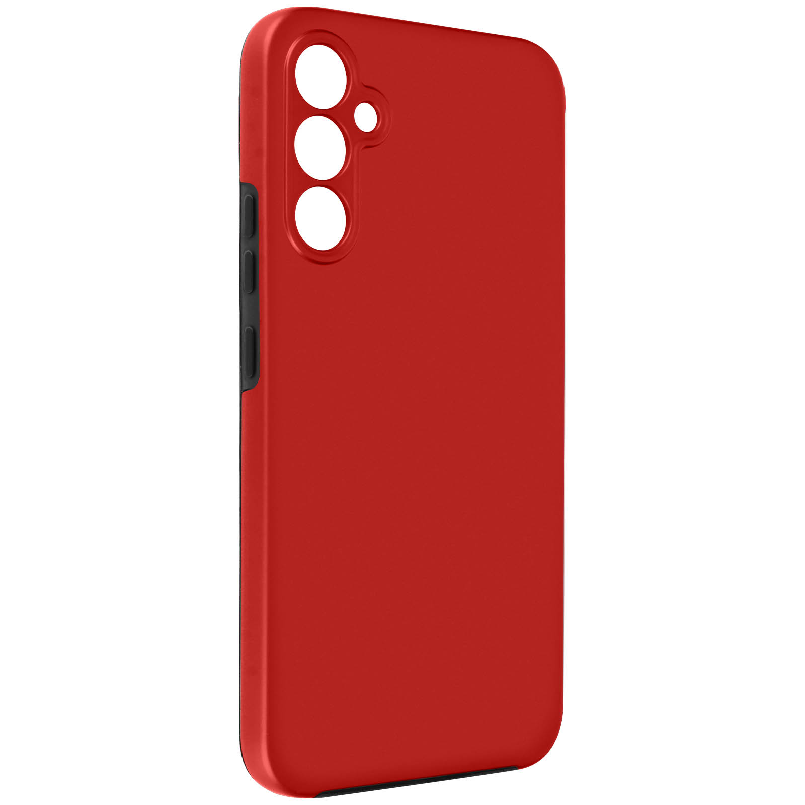 Una custodia per telefono rossa con tre fori per la fotocamera e pulsanti laterali neri.