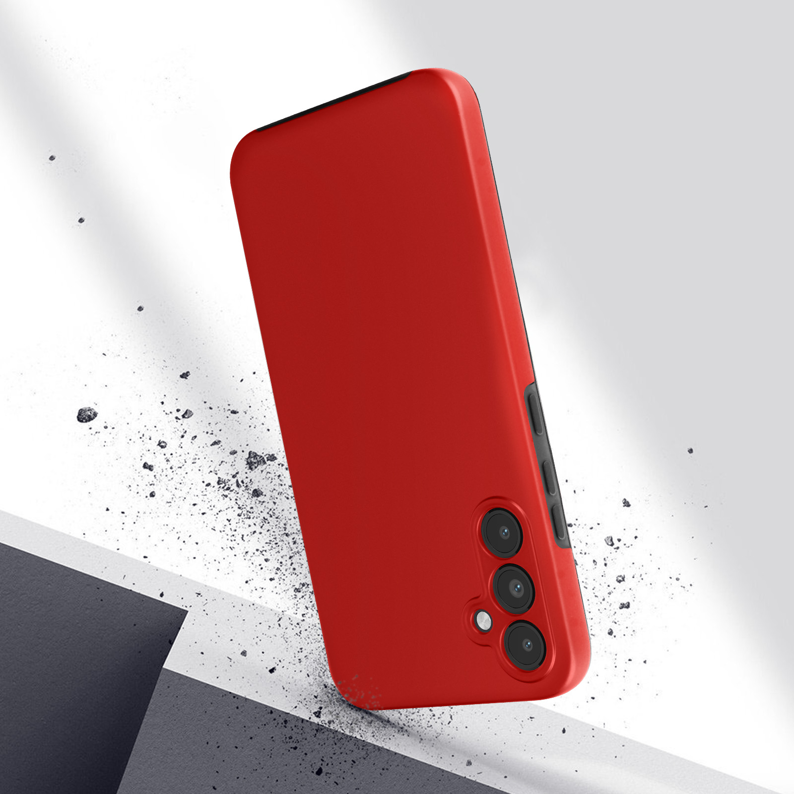 Custodia per telefono rossa che cade con detriti. Viene mostrato il retro della custodia.