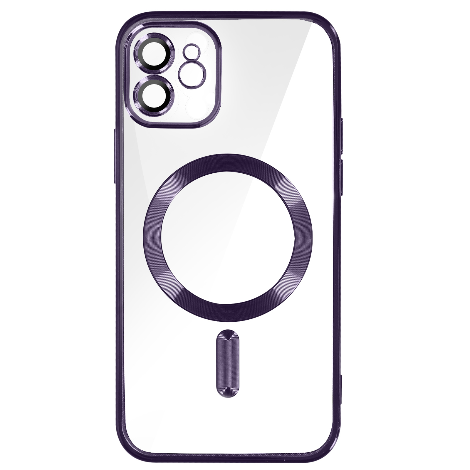 Una custodia trasparente per telefono con anello e dettagli viola. Ha un magnete circolare e ritagli per la fotocamera.