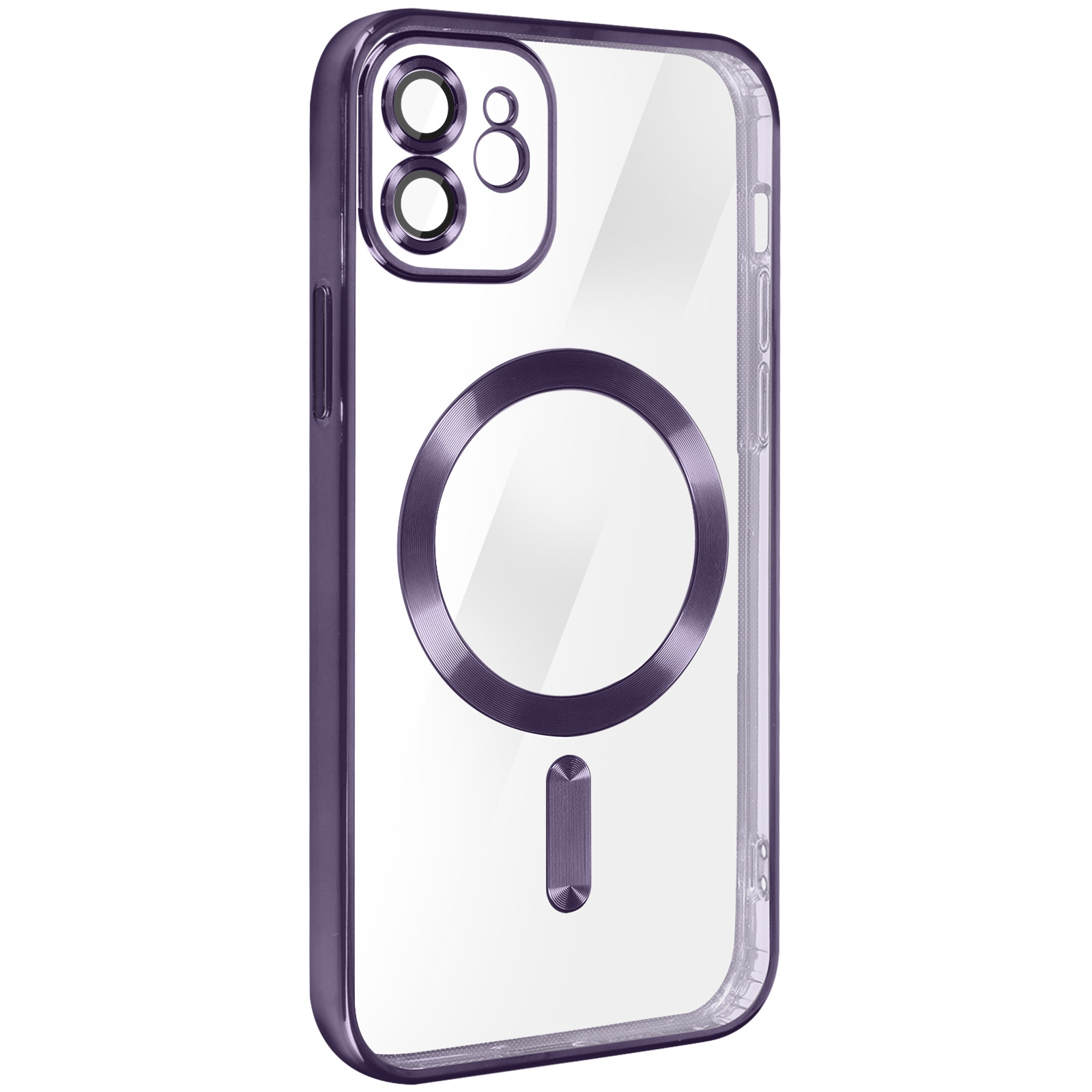 Custodia trasparente per telefono con bordo viola e anello per attacco magnetico.