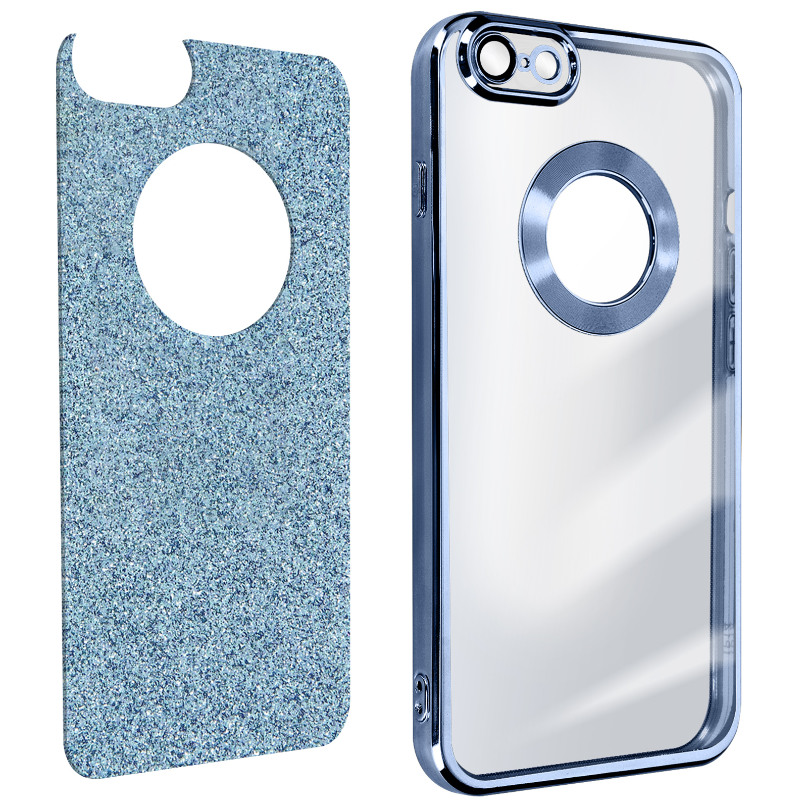 Una custodia per telefono con interno grigio ed esterno trasparente con bordi blu, separata.