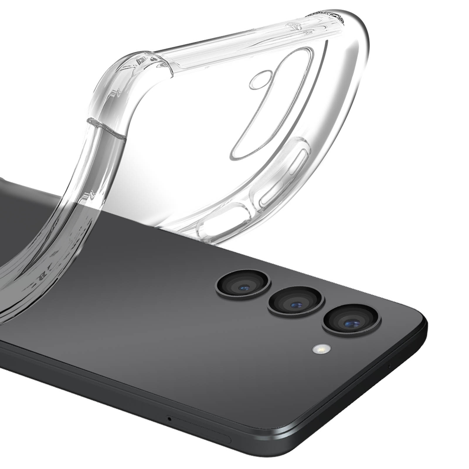 Una custodia trasparente per telefono è mostrata su un telefono grigio scuro, con le fotocamere visibili.