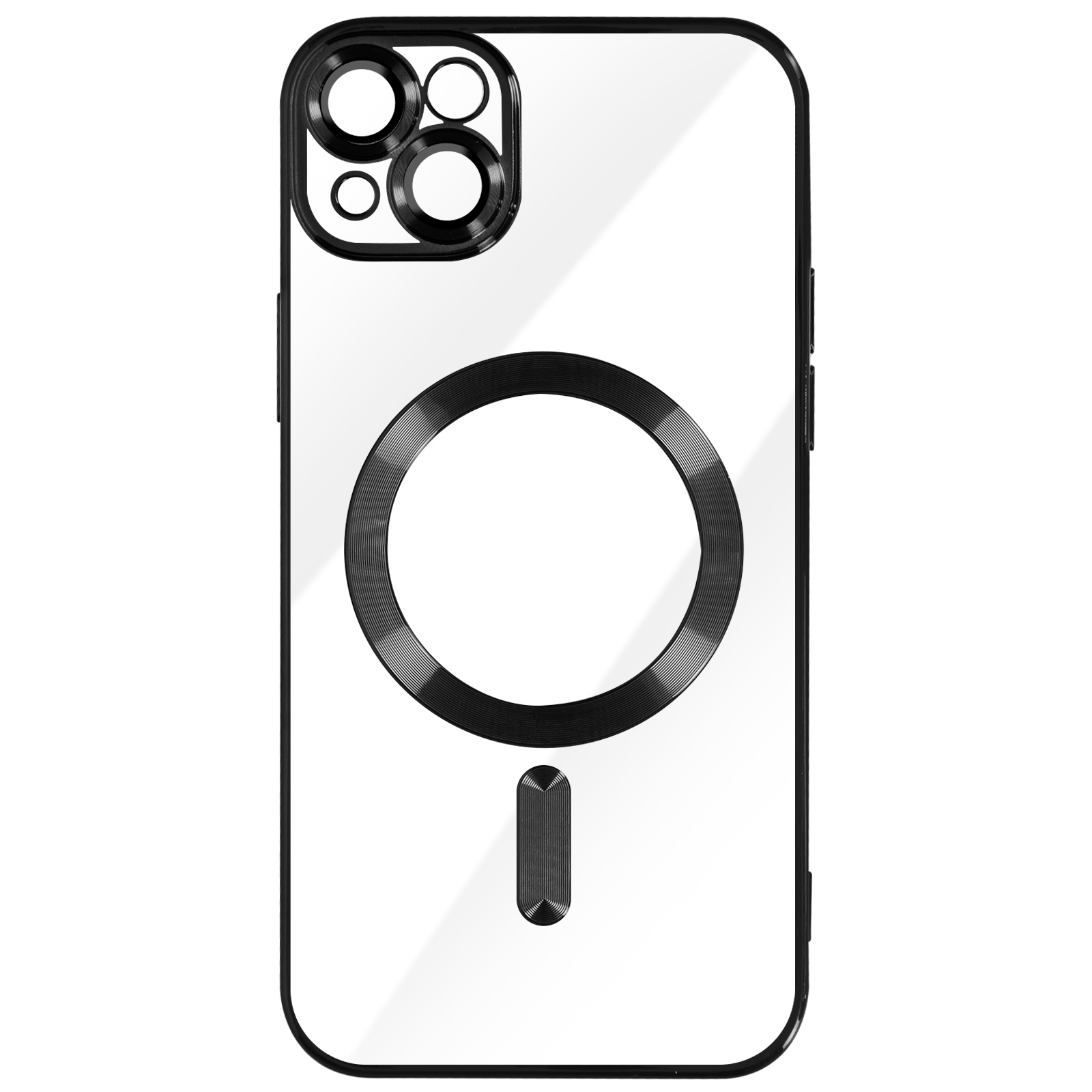 Custodia trasparente per telefono con anelli della fotocamera neri, un anello nero al centro e una barra nera in basso.