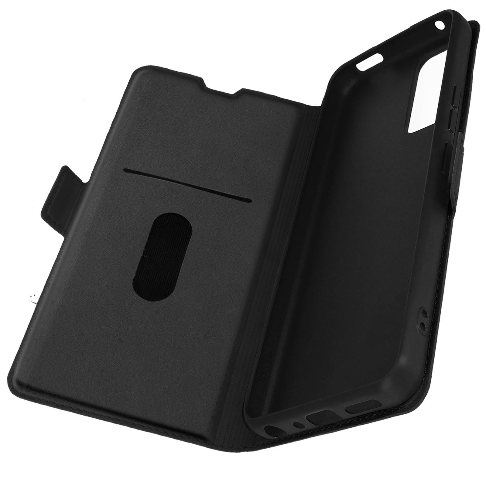 Una custodia per telefono nera con slot per carte e chiusura magnetica, aperta per mostrare l'interno.
