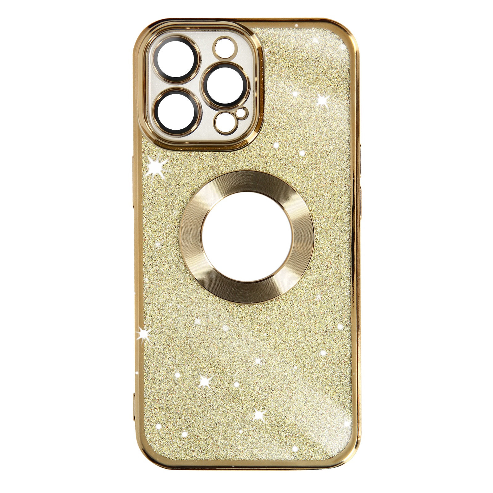 Custodia dorata glitterata con fori per fotocamera e anello centrale. Superficie lucida.