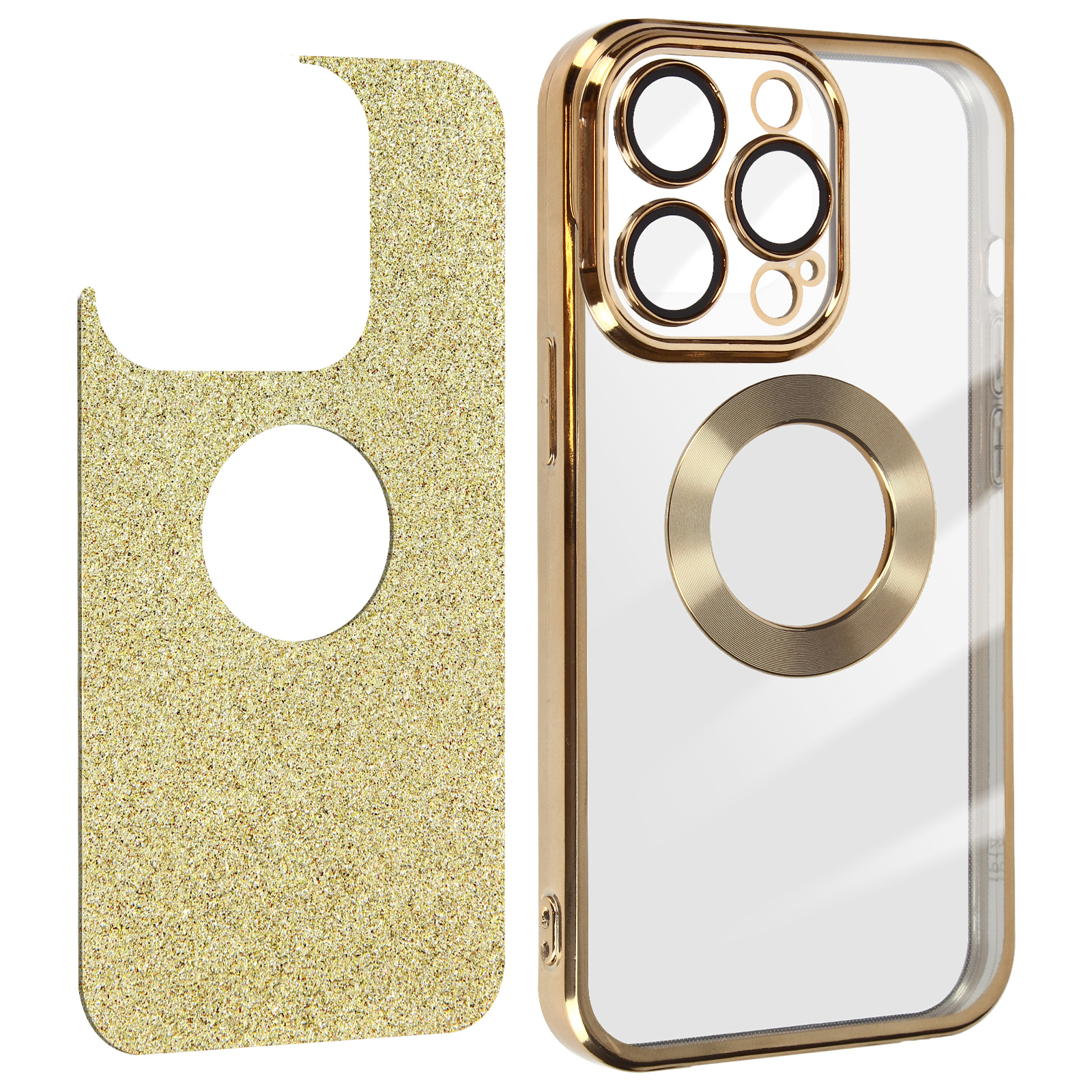 Una custodia per telefono dorata e trasparente con un supporto ad anello dorato sul retro. Una sezione dorata separata e glitterata.