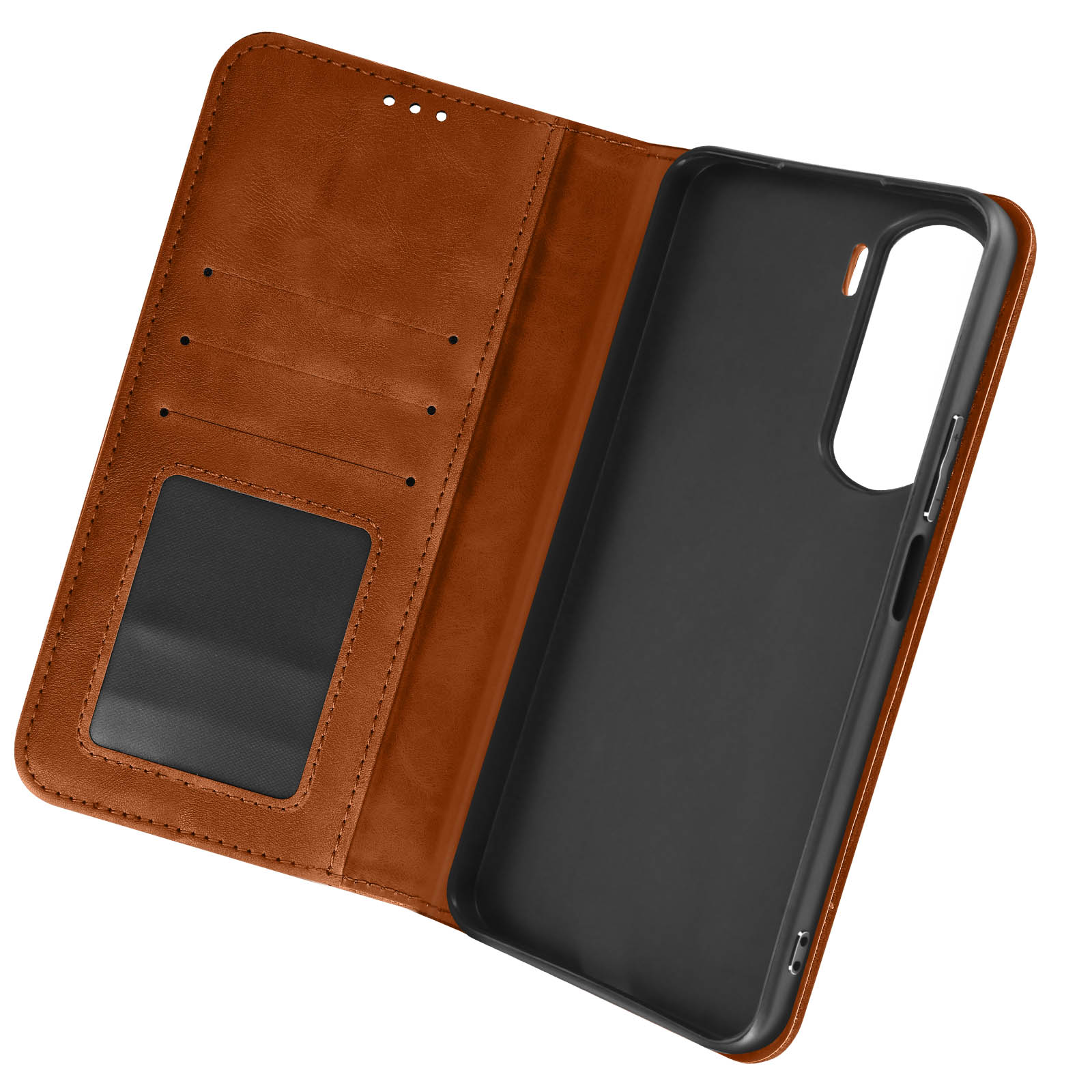 Custodia per telefono in pelle marrone aperta. Interno nero. Con fessure per carte.
