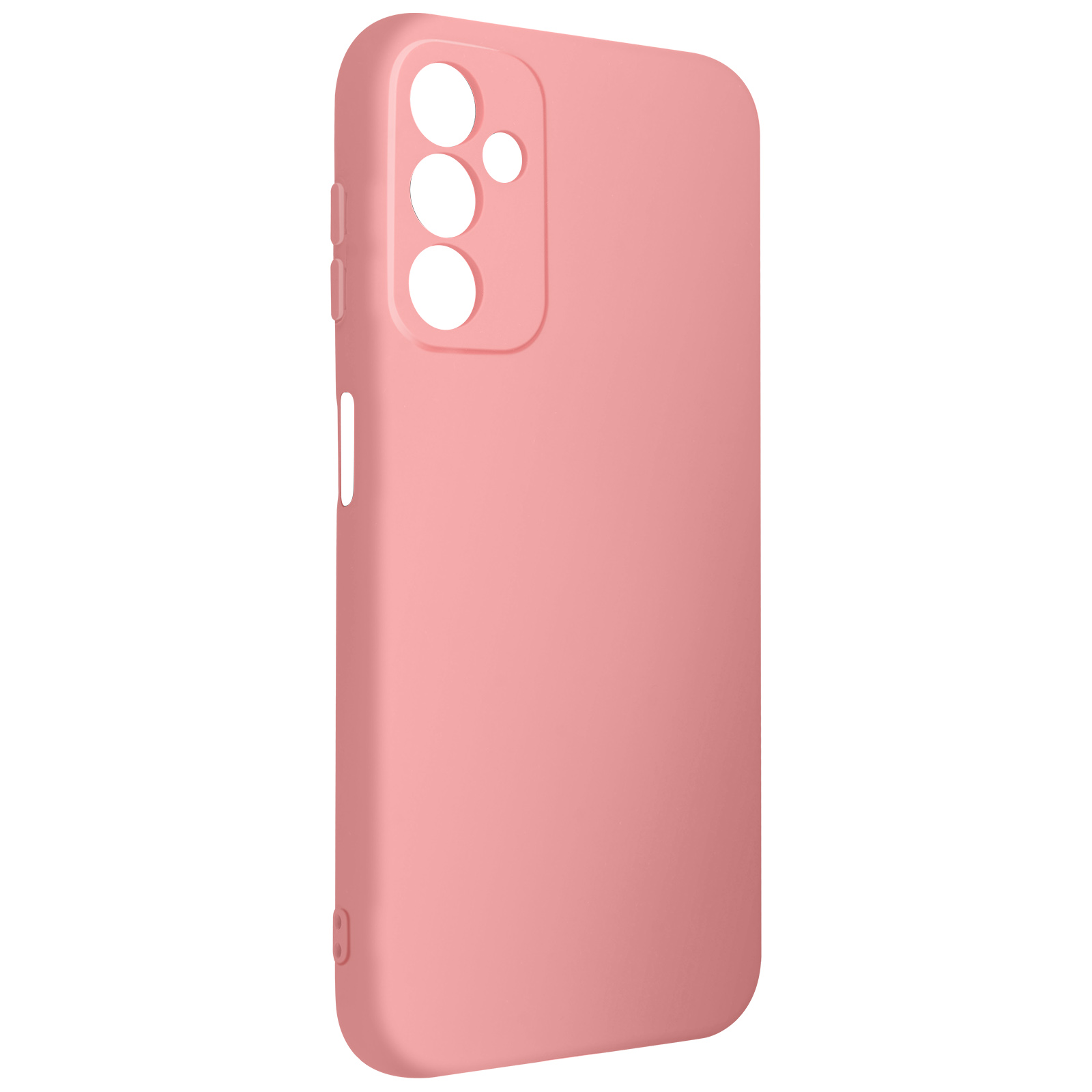 Custodia rosa per telefono con fori per fotocamera e pulsanti, tinta unita, superficie liscia.