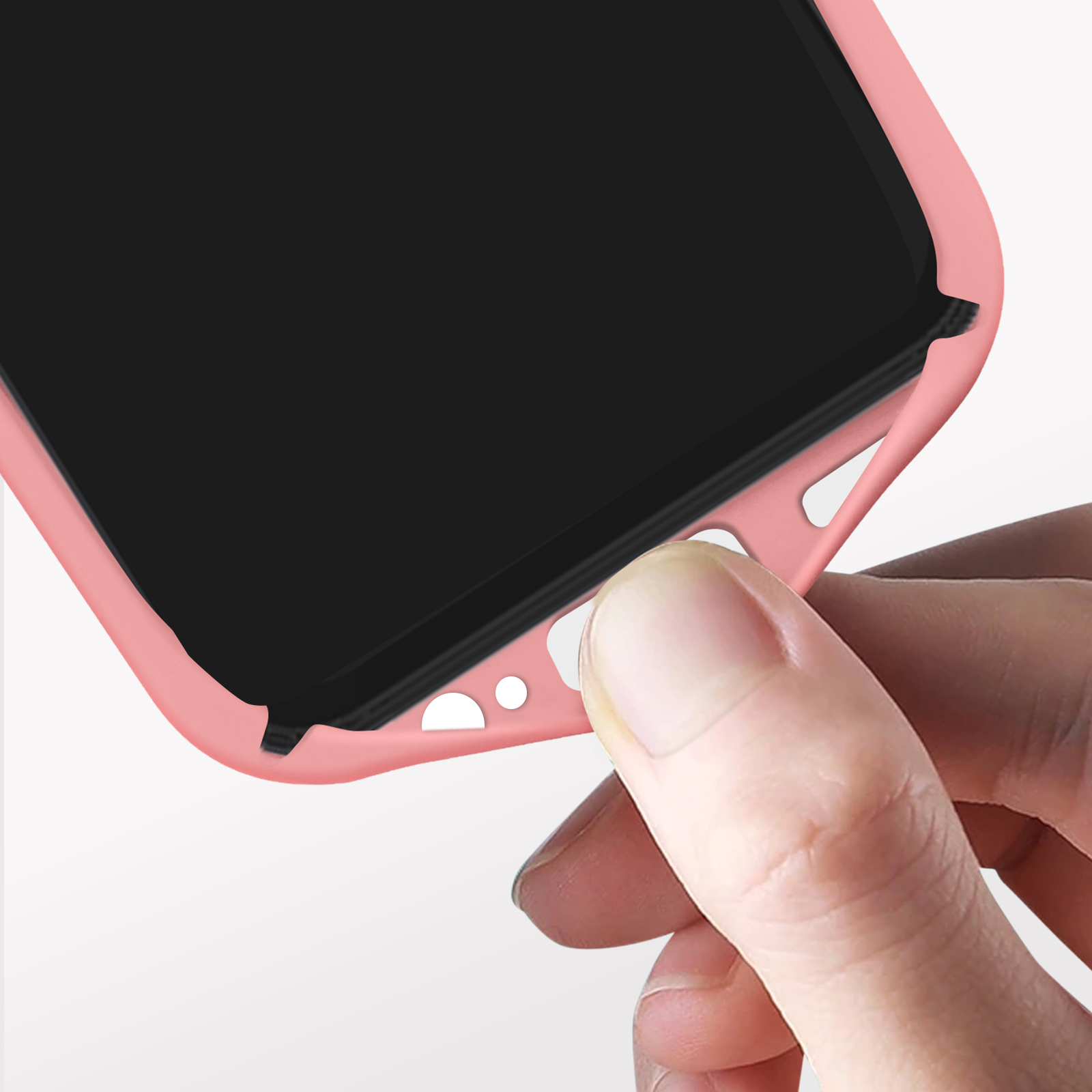 Primo piano di una custodia per telefono con cornice rosa. Una mano tiene la custodia e l'intaglio dello schermo è visibile.
