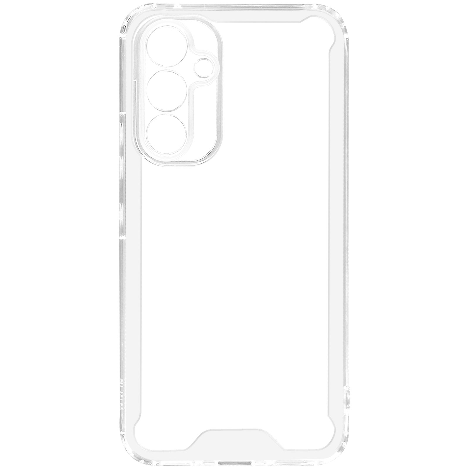 Coque de téléphone transparente sur fond blanc. Elle a des découpes pour l'appareil photo.