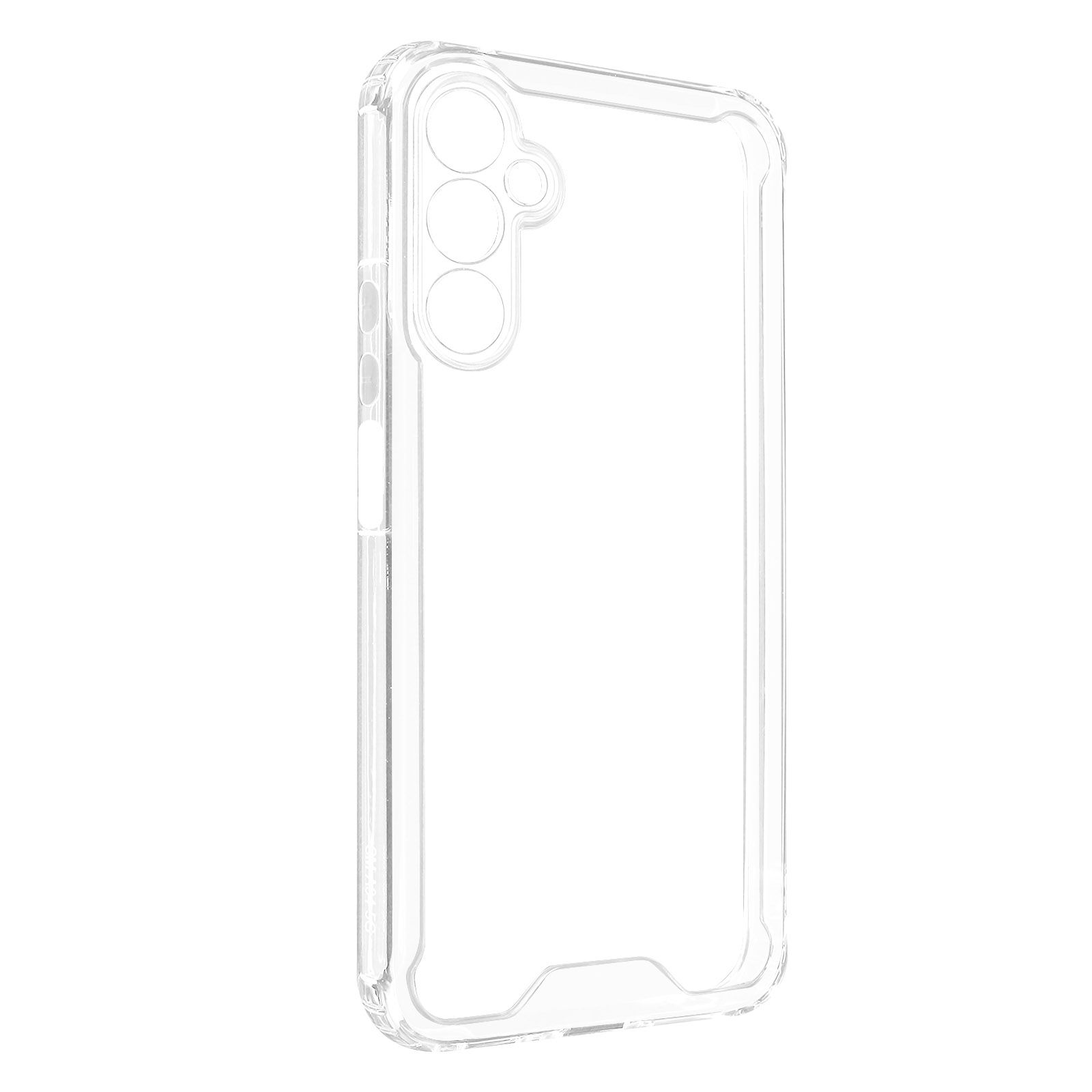 Coque de téléphone transparente, montrant l'arrière et les découpes de la caméra. La coque est en plastique transparent.