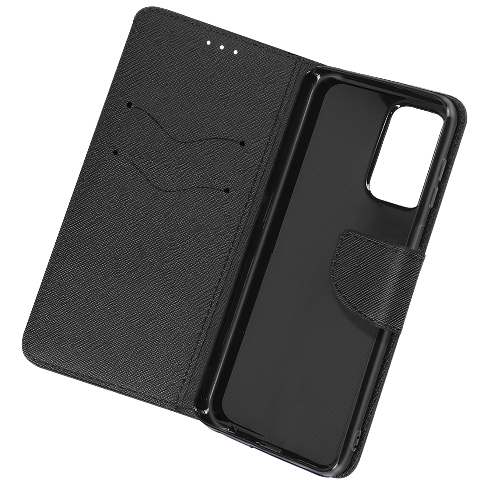 Custodia per telefono nera, aperta, su bianco. Mostra l'interno e l'esterno con tasche per carte.