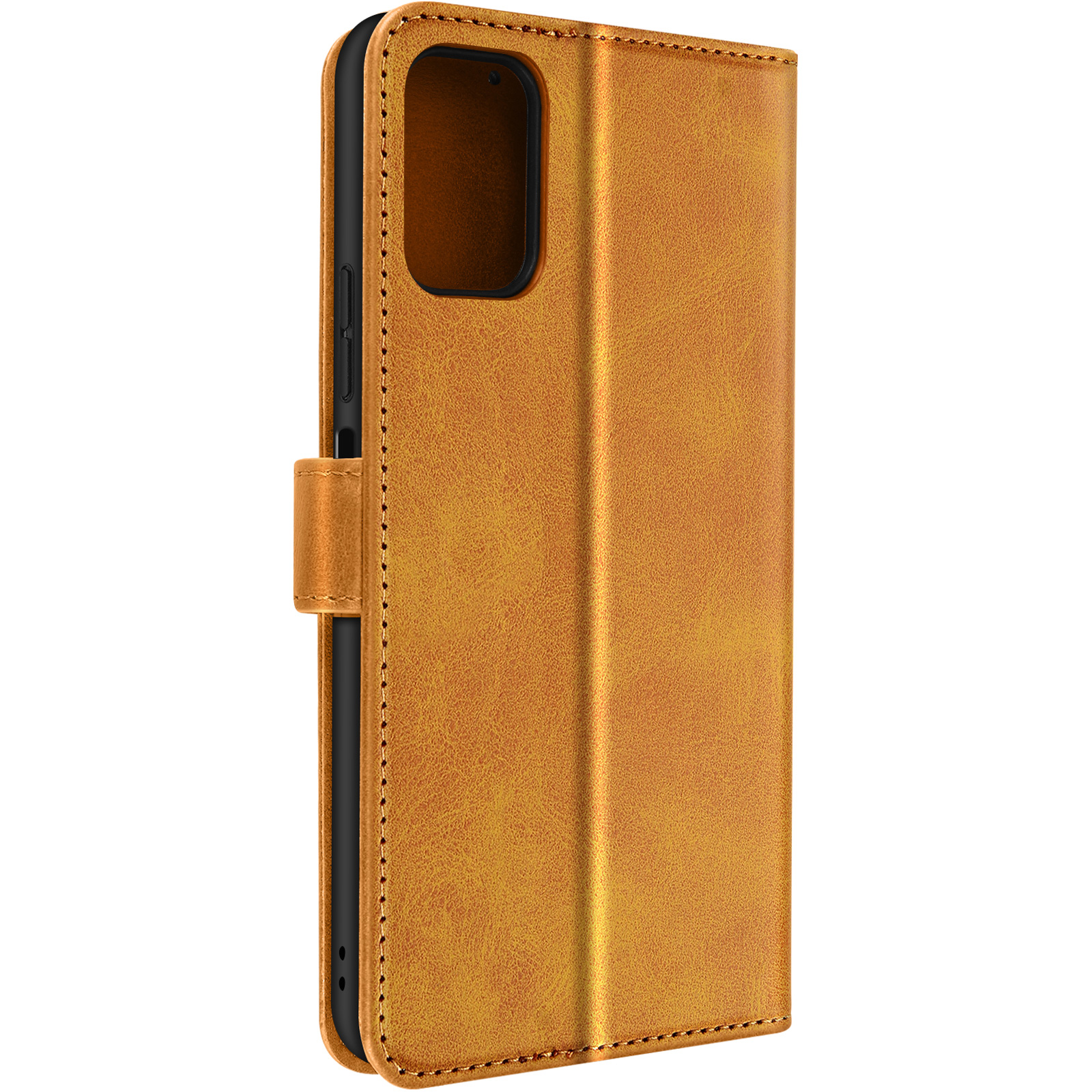 Custodia per telefono in pelle marrone: Vista laterale di una custodia in pelle marrone con chiusura magnetica.