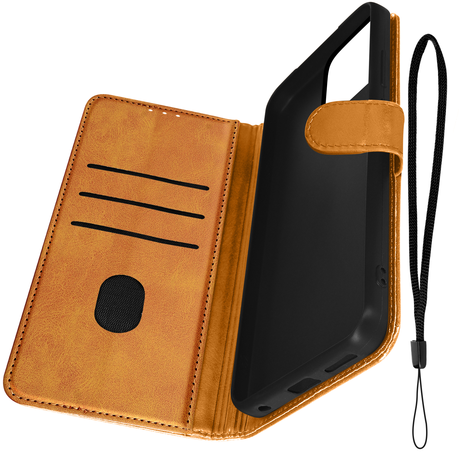 Una custodia color cuoio con un telefono nero all'interno, aperta, con fessure per carte.
