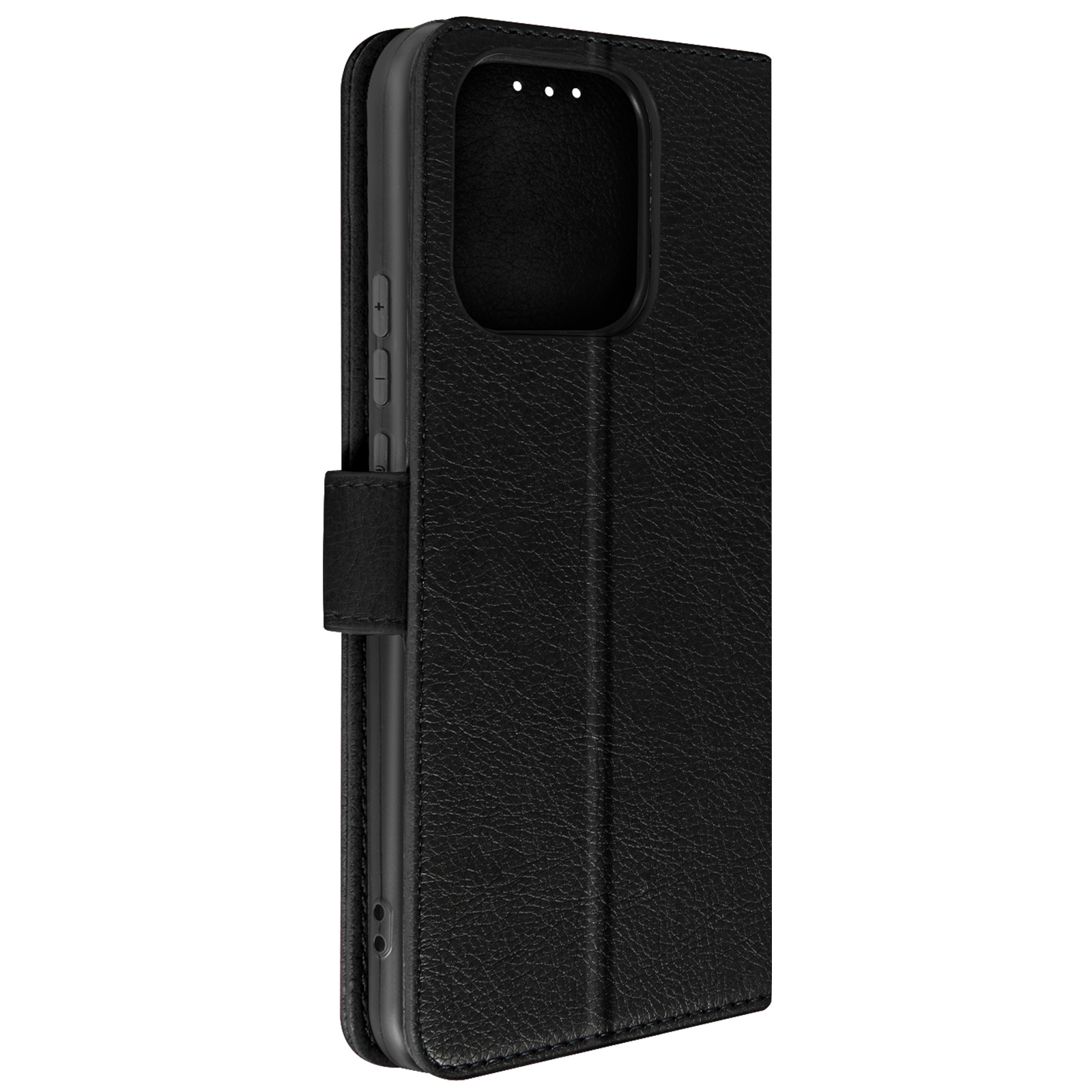 Custodia per telefono in pelle nera aperta, che mostra l'interno. Chiusura magnetica e pulsanti laterali.