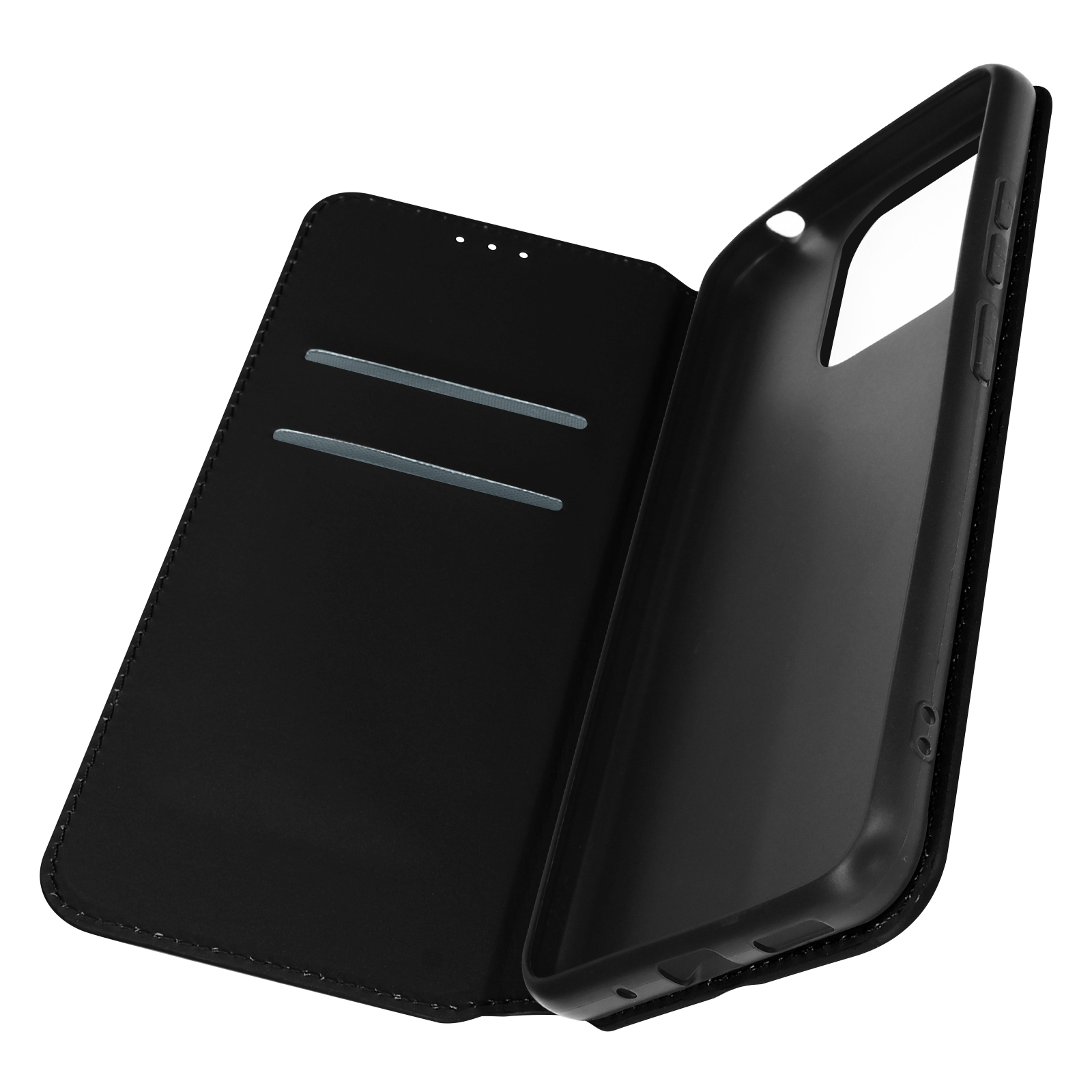 Custodia nera per telefono con cover a libro, aperta per rivelare il supporto per il telefono e gli slot per schede.