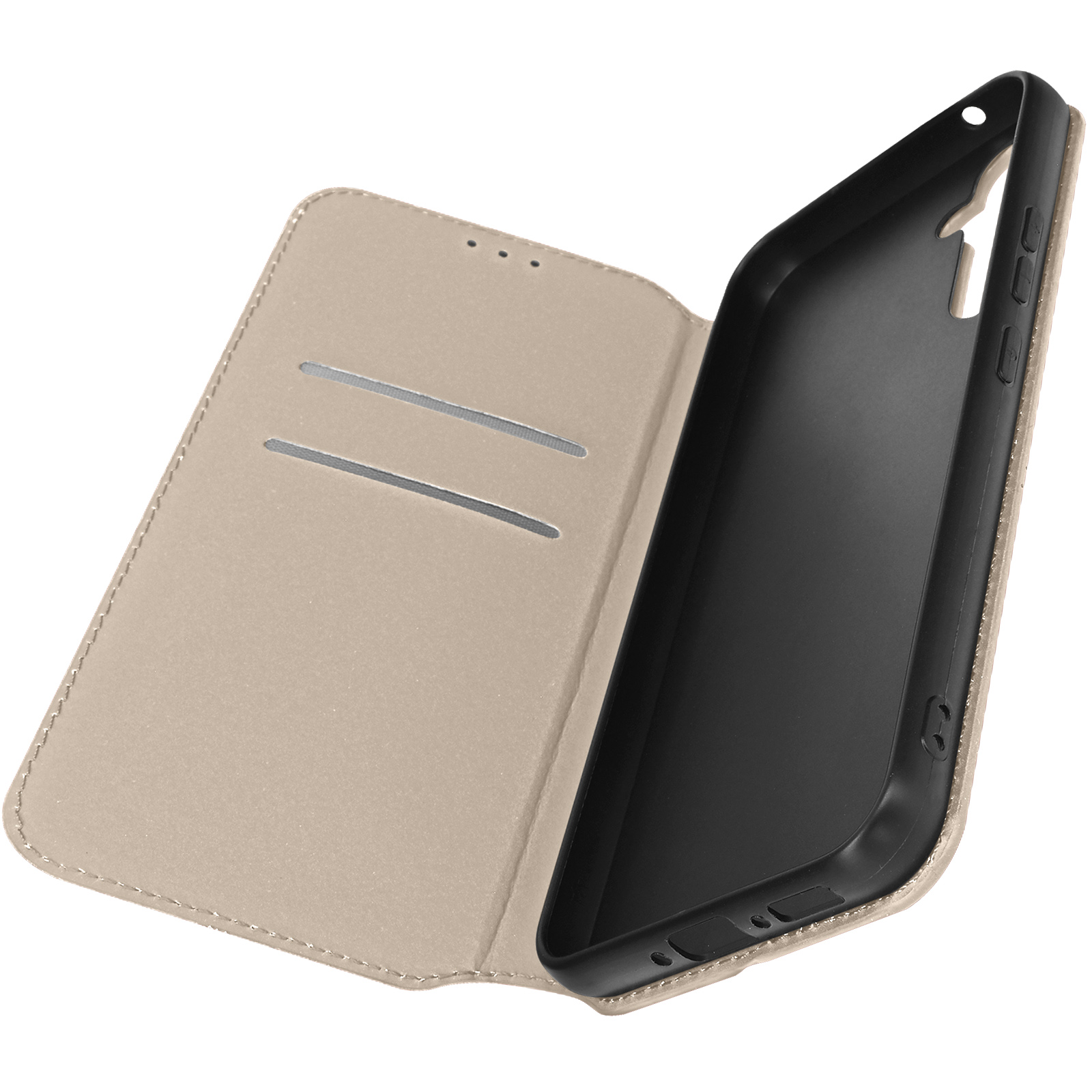 Custodia beige aperta, che rivela l'interno del telefono. La custodia ha slot per schede.