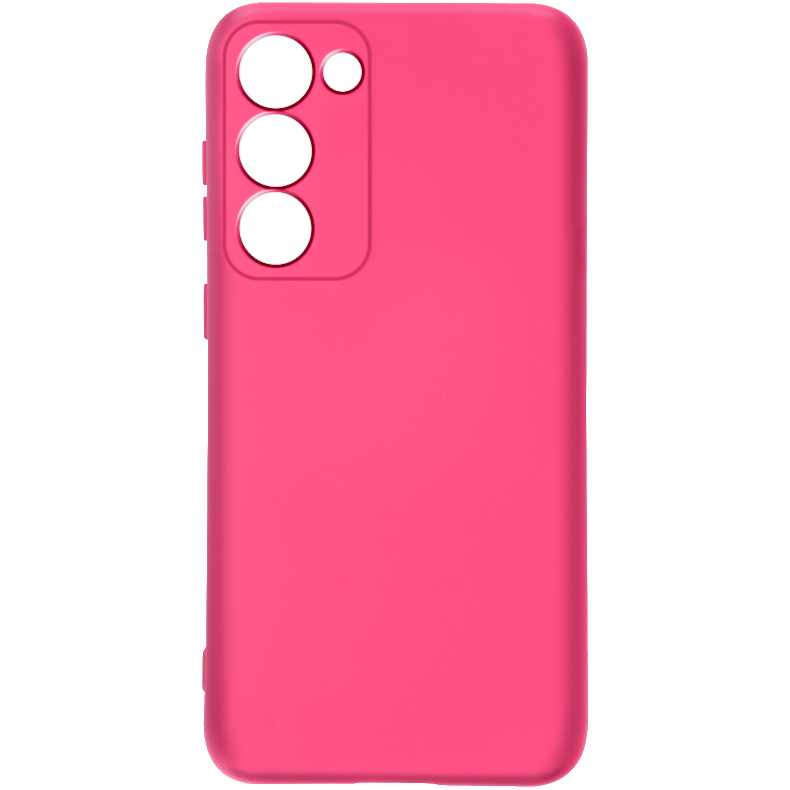 Custodia per telefono rosa con tre fori per la fotocamera. È rosa pieno, con una superficie liscia.
