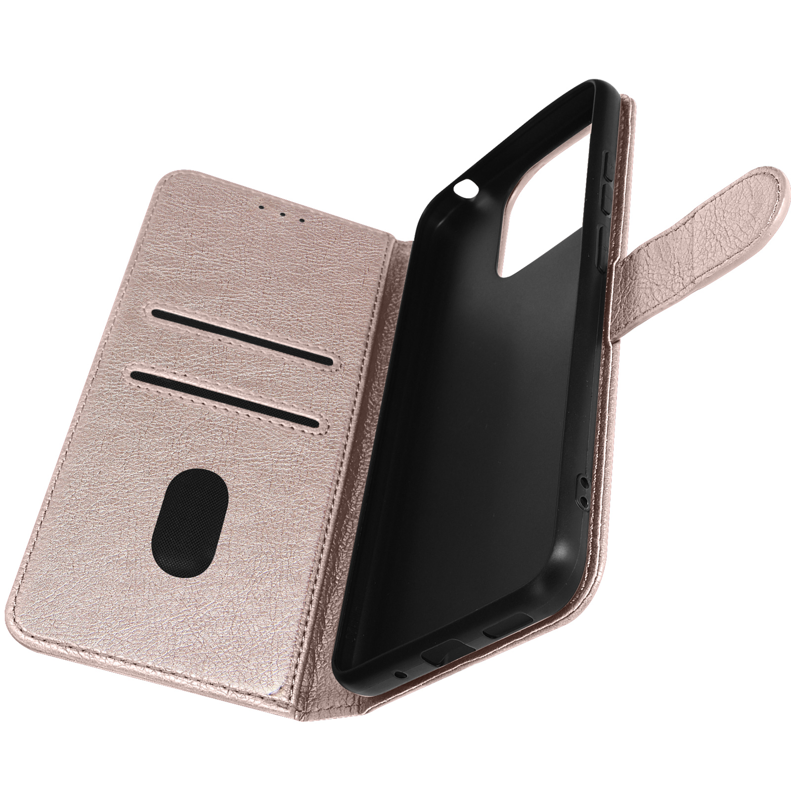 Custodia per telefono oro rosa aperta con scomparti per carte e cornice nera per telefono.