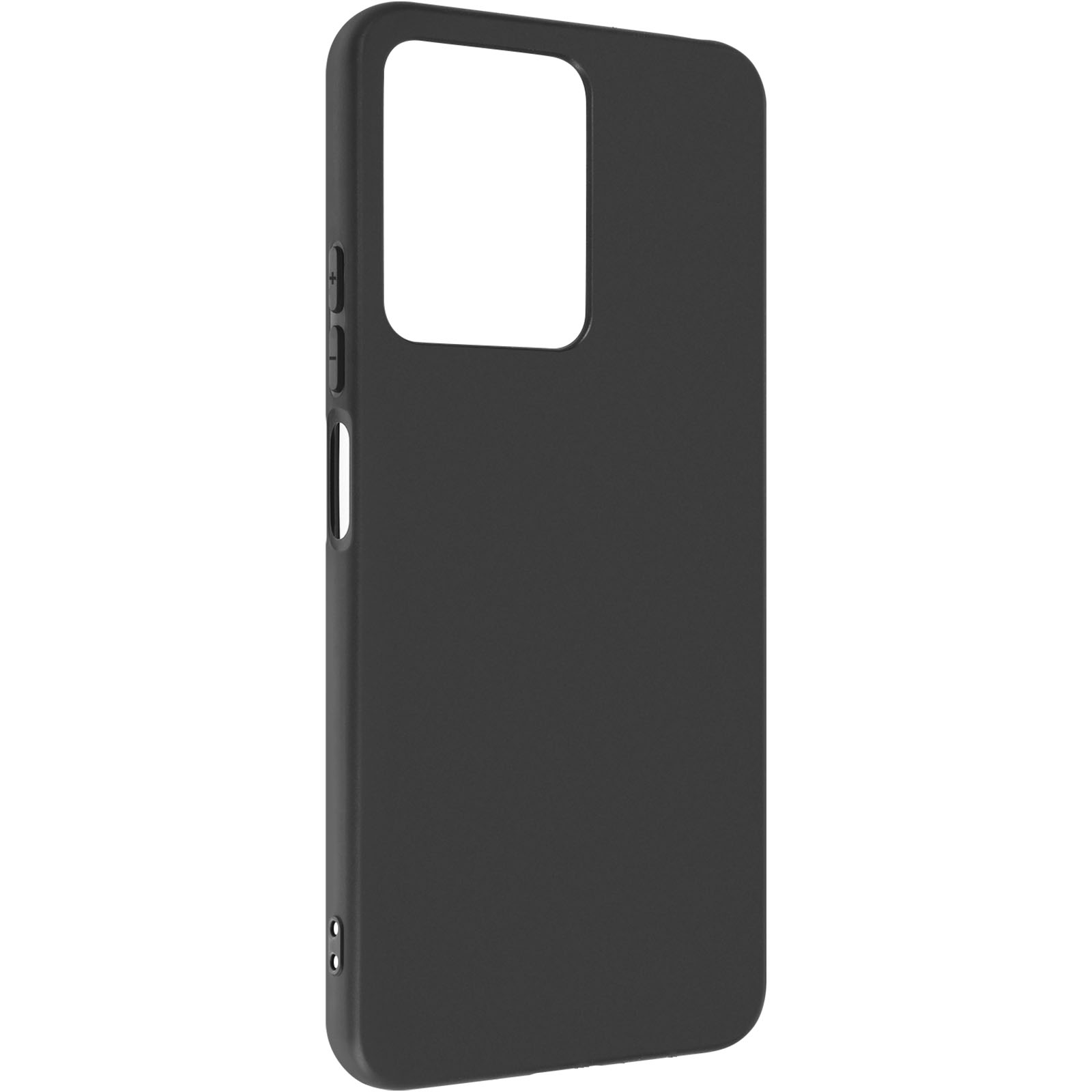 Custodia nera per telefono con apertura fotocamera e pulsanti laterali. Design scuro.