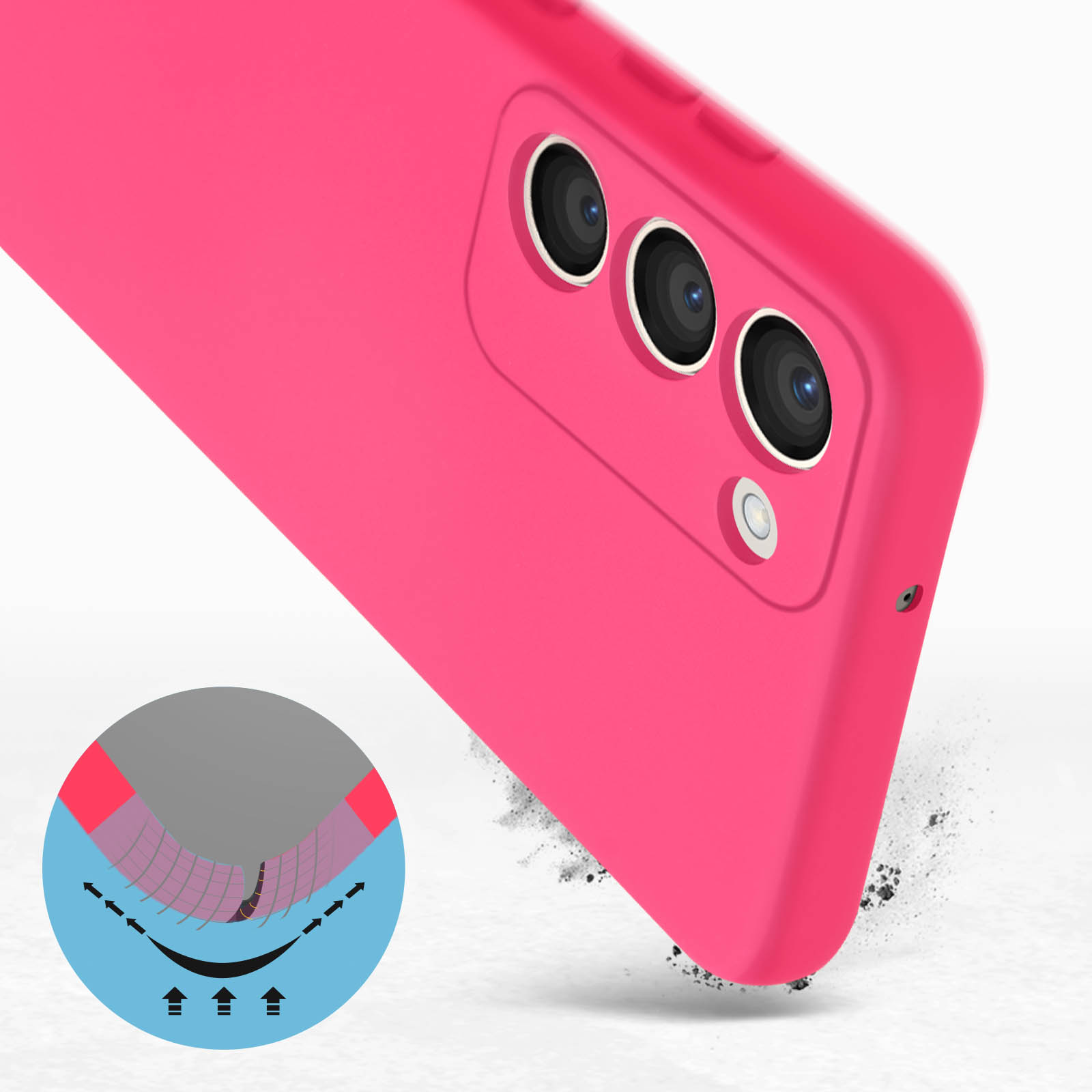 Custodia rosa per telefono con tre lenti della fotocamera e design protettivo su superficie bianca.