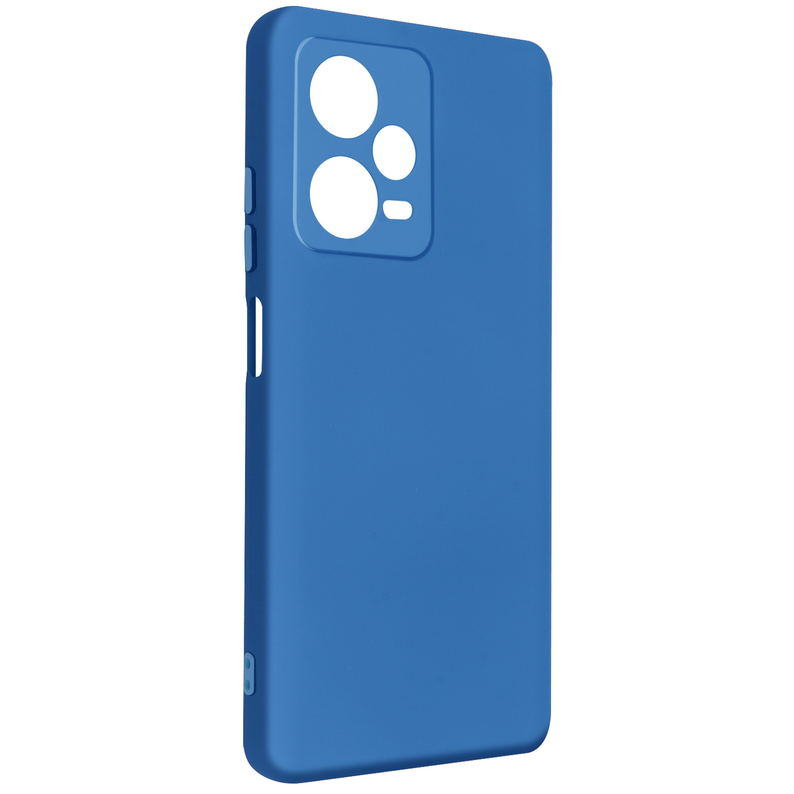 Custodia blu per telefono con fori per fotocamera, vista angolata, su bianco.