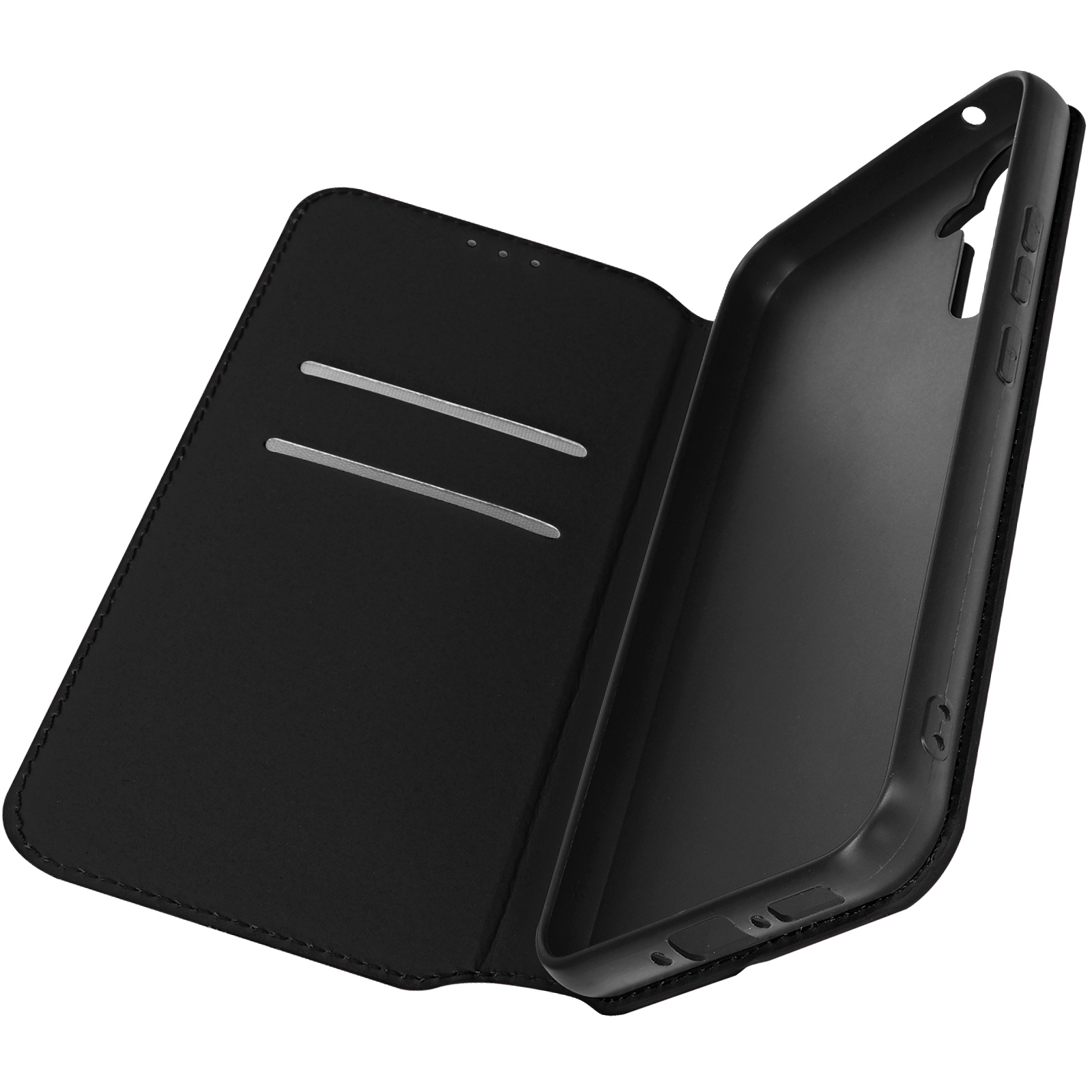 Custodia per telefono nera, aperta, con fessure per carte. Interno nero, che mostra la forma del telefono.